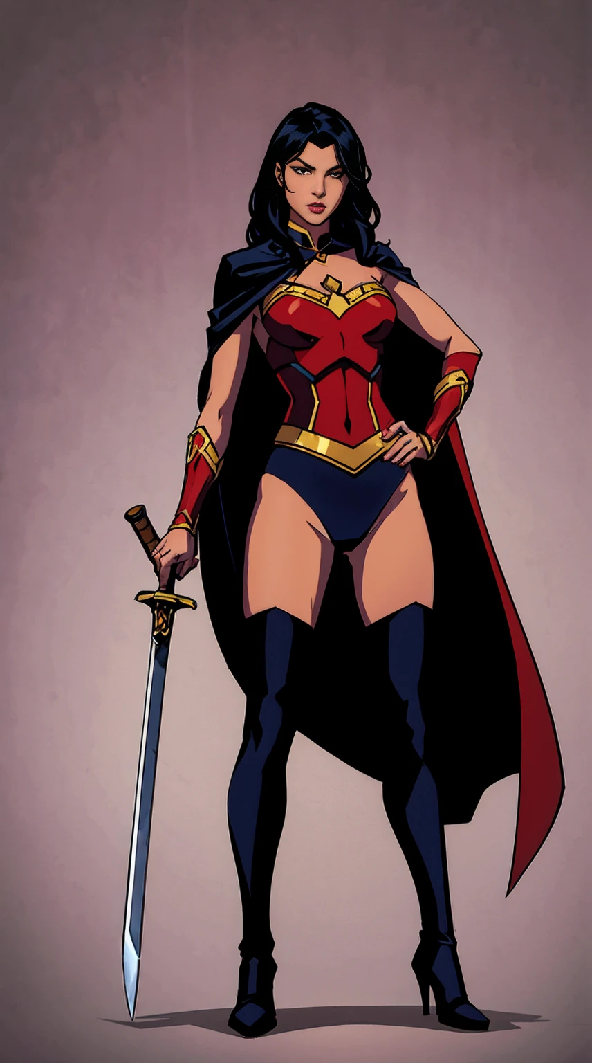 (((full body photo)))Yara_Flor, 1girl, solo, long hair, looking at viewer, simple background, black hair, thighhighs, holding, weapon, boots, sword, dark skin, cape, holding weapon, armor, leotard, dark-skinned female, lips, holding sword, tiara, red background, red cape,