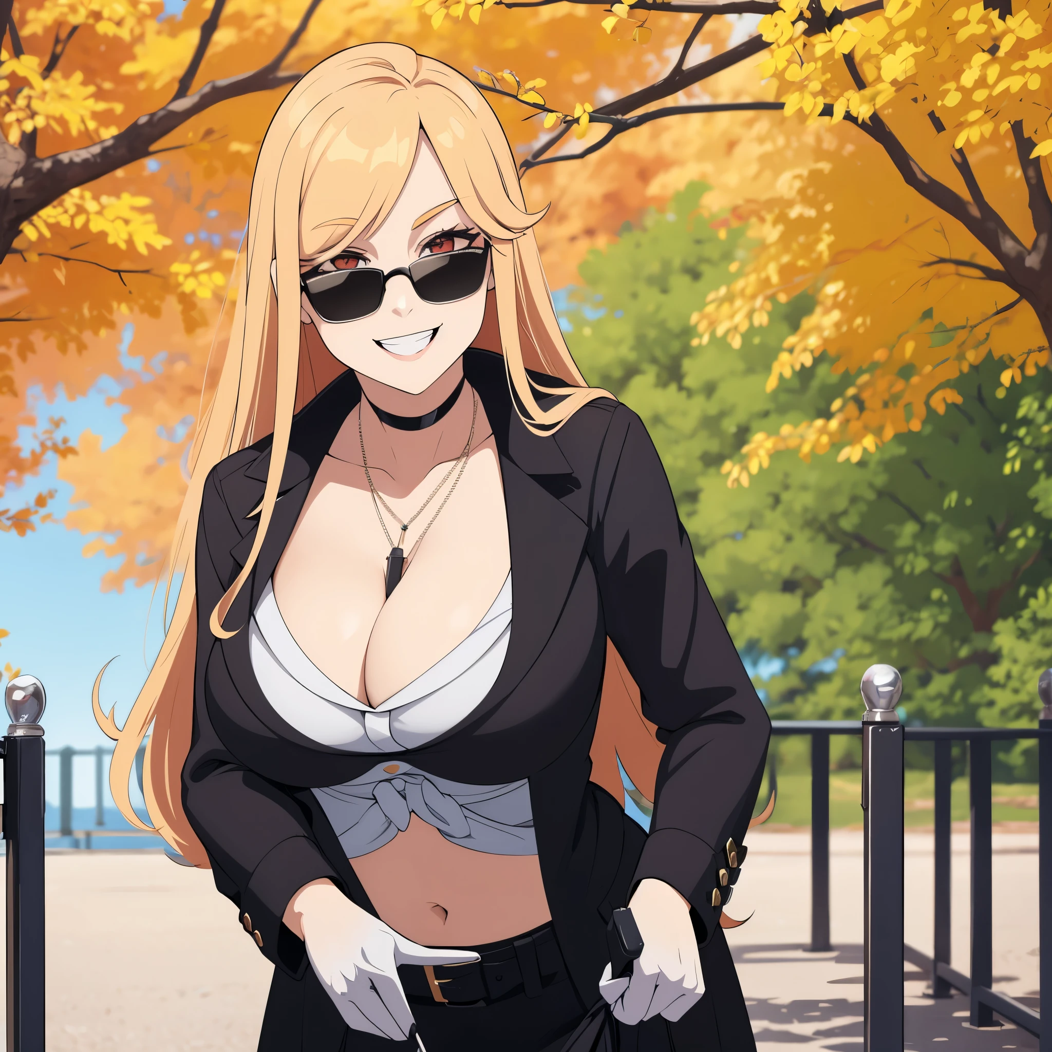 a woman in black clothing, in a park in autumn, wearing sunglasses, big breasts, smiling