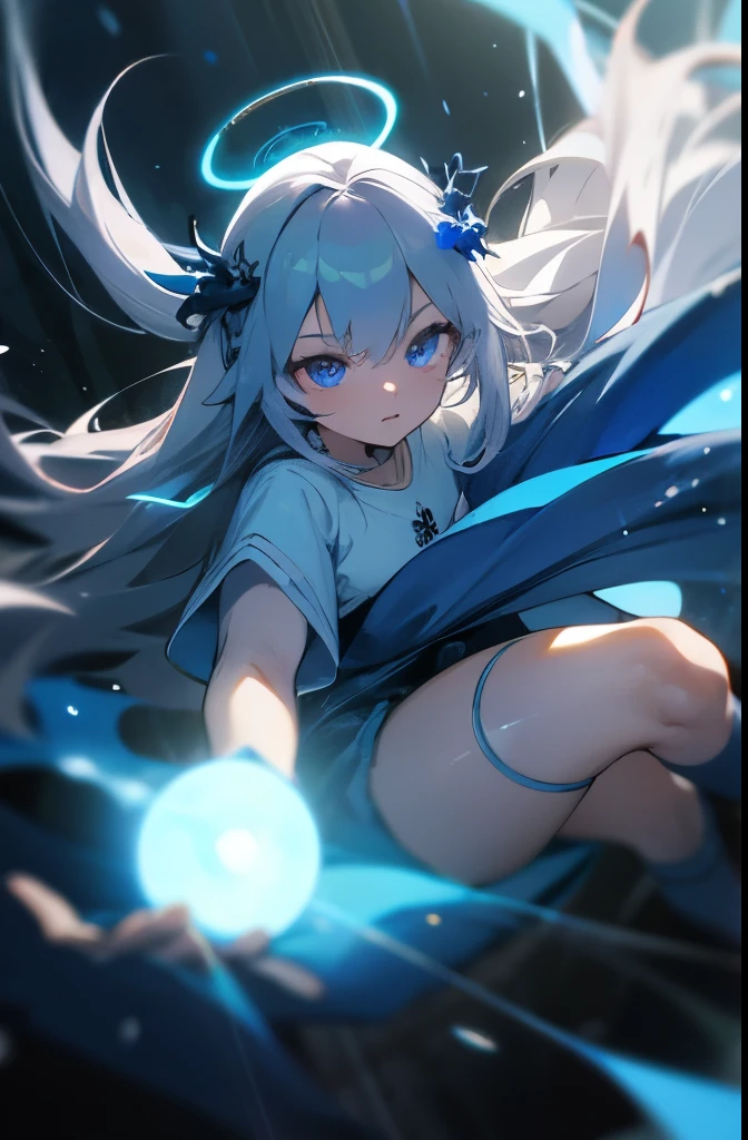 forest, blue fireball, dragon, blue aura, white T - shirt oversize, cinematic lighting, depth of field, add detail, detail eyes, blue aura eyes, glowing eyes, 1girl, young, thin body, long hair, grey hair, leaf hair ornament, blue ocean eyes, fireball, holding blue fireball, perfect legs, blur hetero, blue thighhighs, halo, hair ornament
