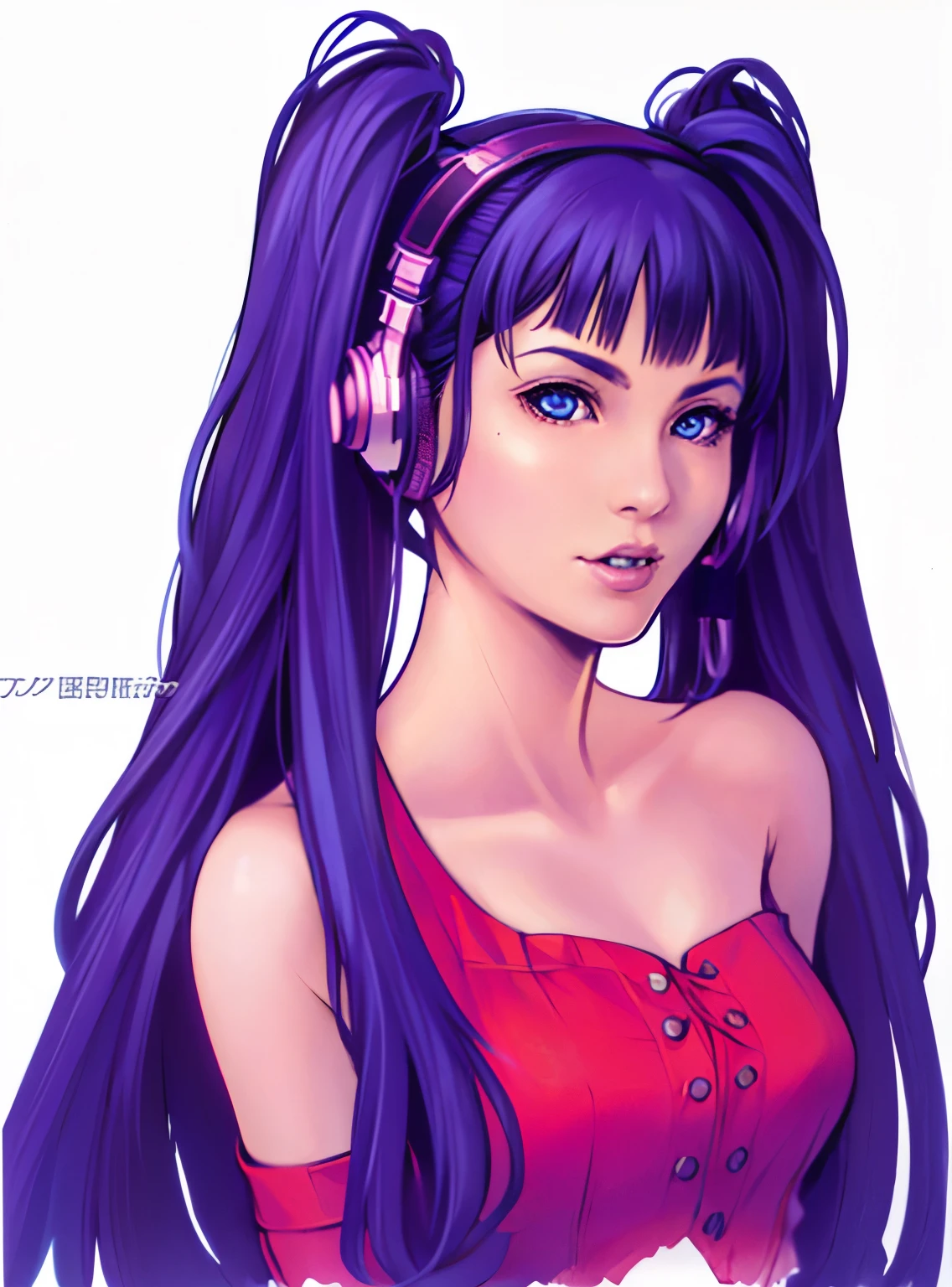 nomura tetsuya, masterpiece, best quality, 1girl, dark blue eyes, pigtails, headphones