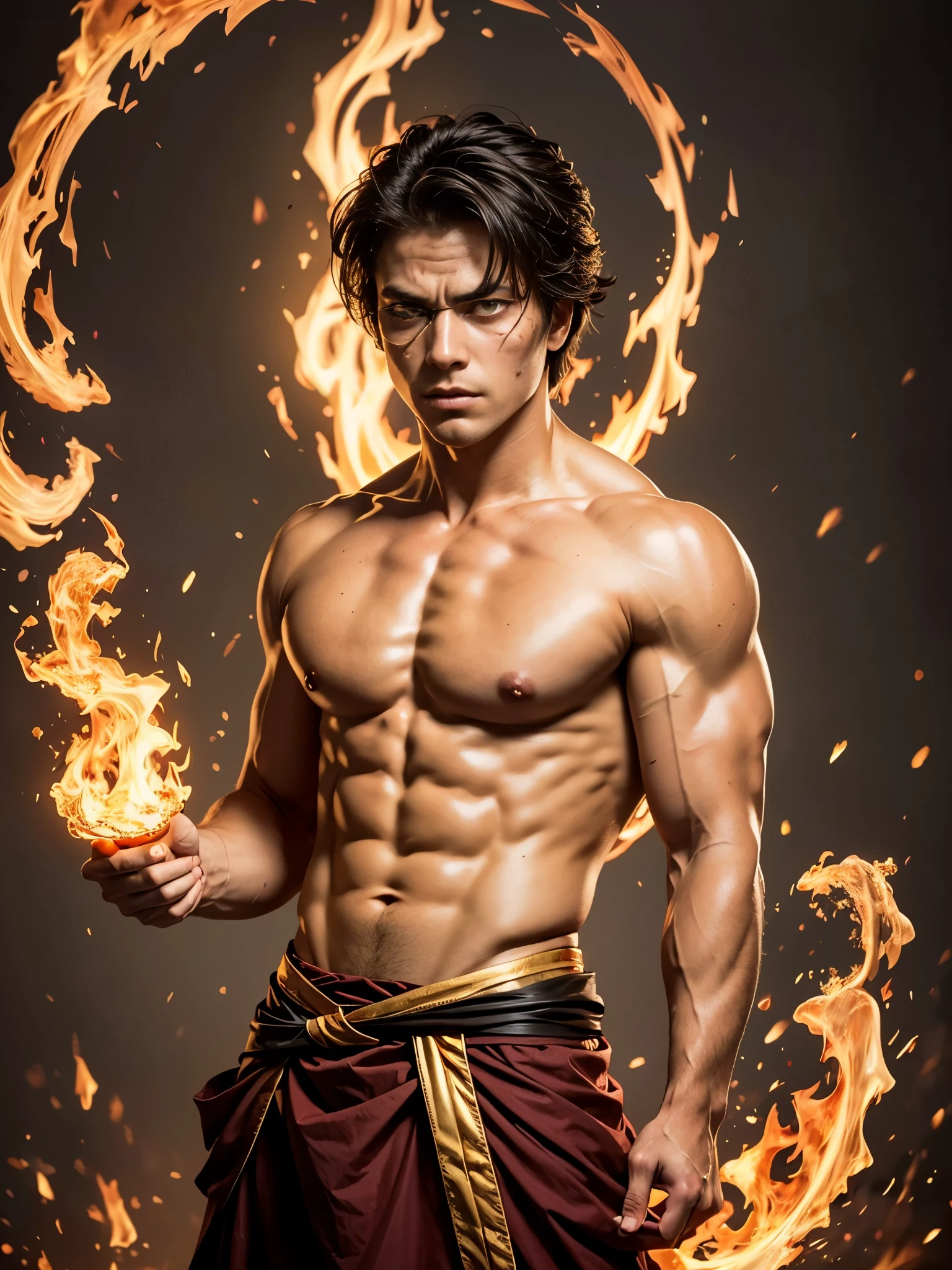 Photorealistic, handsome male model, masculine Asian mix guy, mixed race, (young, 18 year old:1.5), ((best quality)), ((masterpiece)), (detailed), (barechested:1.4) Create an illustrated portrait of young Prince Zuko from "Avatar: The Last Airbender". Illustrate him with a strong square jawline, gaunt cheeks, and skinny face, shirtless, with attention to detail on his (eye burnt scar:1.5), (golden yellow eyes:1.5), he is a pyromancer, fire bender, with messy hair, and a toned, muscular physique that reflects his training and determination. Capture his expression, reflecting his internal conflict and growth throughout the series. The background should be dark and incorporate bending fire. Utilize dark colors and bold
