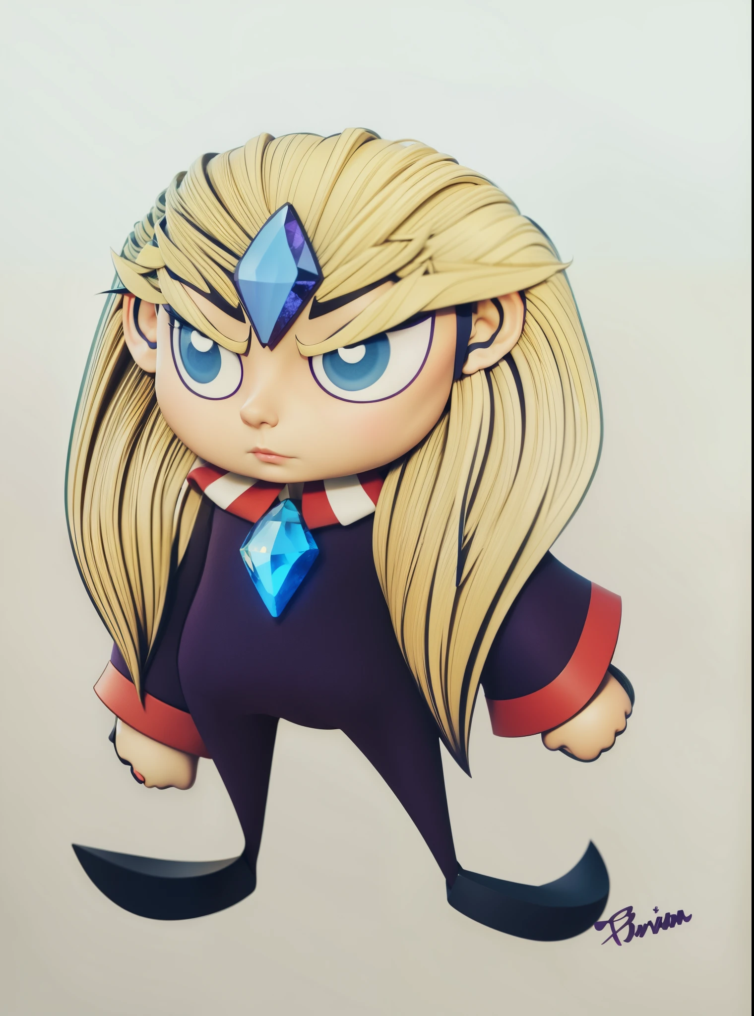 A character with blonde hair, a purple shirt, and a blue gem in the chest. a navy gem stone in his hair, clothing with large round neck with red and white lines