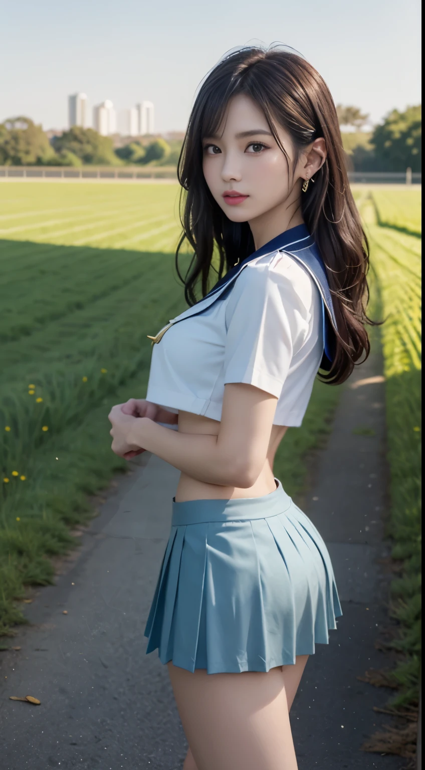 (highest quality:1.4), (hyper quality), (Super detailedな), 1 beautiful girl, (group of female high school students:1.3), Super cute, wonderful face and eyes, (Short-sleeved sailor suit made of thin white fabric), Light blue pleated micro mini skirt with low rise:1.1, (Light blue pleated mini skirt:1.5), (Beautiful and incredibly big breasts:1.3), (The shape of the nipple protrusions through the uniform:1.4), (uniform is not exposed:1.2), (The fabric of the uniform is thin and the shape of her chest is clearly visible.:1.3), Realistic uniform wrinkles, (red ribbon:1.1), (underboob:1.1), (Massaging her breasts over her uniform:1.2), (slender body:1.1), (slender and long beautiful legs), (thin waist), real skin texture, crystal clear very white skin, (bangs:1.2), earrings, Transparent Lip, (Don&#39;t look at me, look ahead), beautiful goddess advent, beautiful background, golden ratio, conceptual art, Super detailed, Accurate, advanced details, (walk along a path surrounded by fields:1.2), My chest sways, Super close, sexy art, (Under the summer sun), bright light, Super delicate illustration details, Highly detailed CG integrated 8k wallpaper, RAW photo, professional photos, cinematic lighting, Depth of the bounds written, No bra, (The nipple protrusions push up the uniform:1.2), (Sharp nipples through the uniform), cropped tops, High heels on bare feet, (back view, stick out your butt)