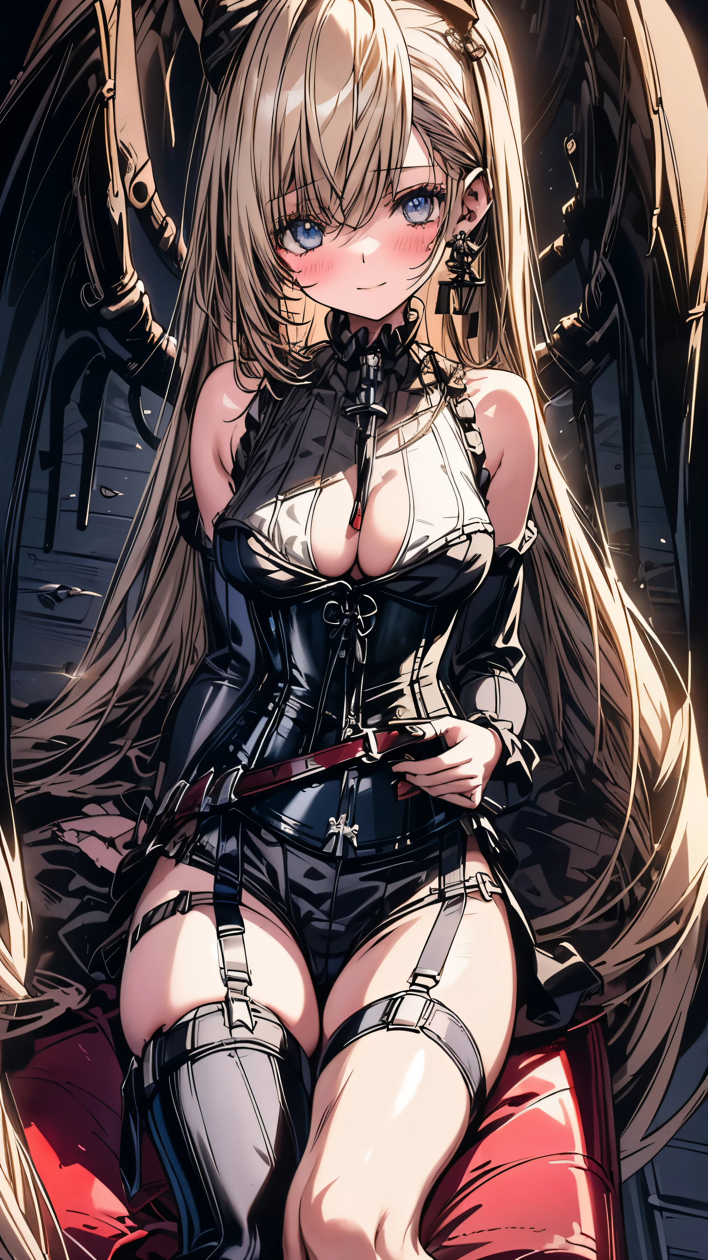 (((masterpiece)))、((highest quality))、(Super detailed)、(CG illustration)、(so beautiful ))、cinematic light、(((1 Mechanical Girl)))、 SF、Apocalypse、erotic grotesque、(beautiful and luxurious:1.2)、(1 girl:1.3)、facing the front, (double breasted,under bust:1.2), gap between buttons,(((corset belt))),(((high waist mile