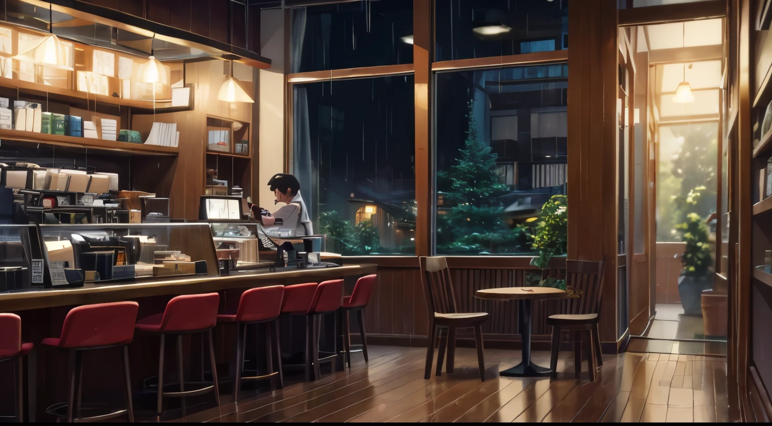 A magical scene from a small coffee shop on a rainy afternoon, capturada por Makoto Shinkai, Soft color palette that enhances the atmosphere, Lo-fi musician adding a unique sound layer, atmosphere of serenity and conviviality (melhor qualidade), (8K resolution), (ultra highres)