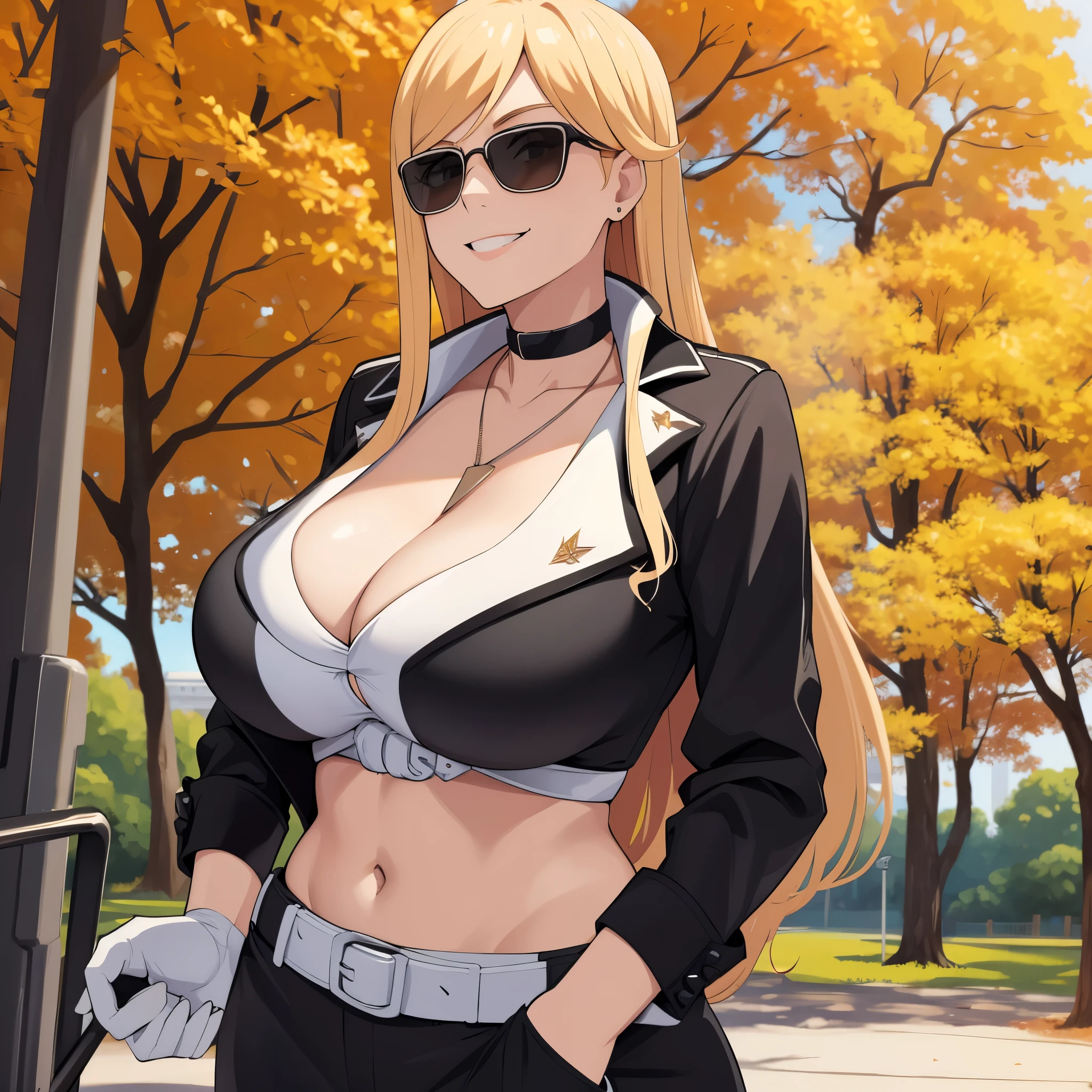 a woman in black clothing, in a park in autumn, wearing sunglasses, big breasts, smiling
