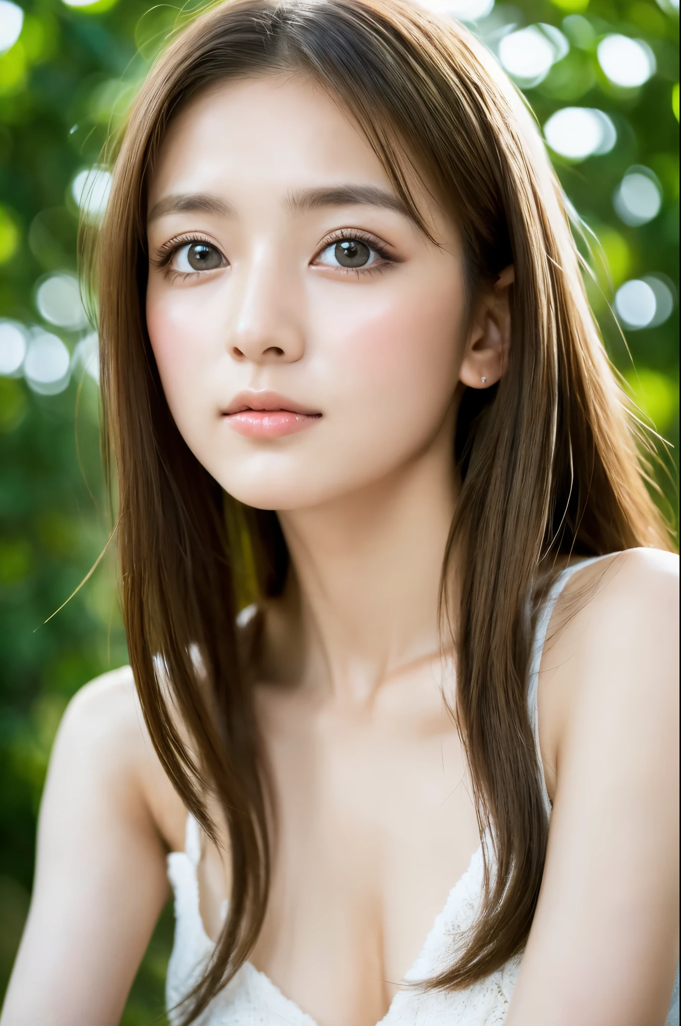 (8k, 4k, best quality, highres:1.2), (masterpiece, realistic, photo realistic:1.37), 1girl, solo, Japanese girl, beautiful face, glossy lips, (detailed eyes, fair skin, white skin:1.5), upper body, medium breasts, long green hair, looking at viewer