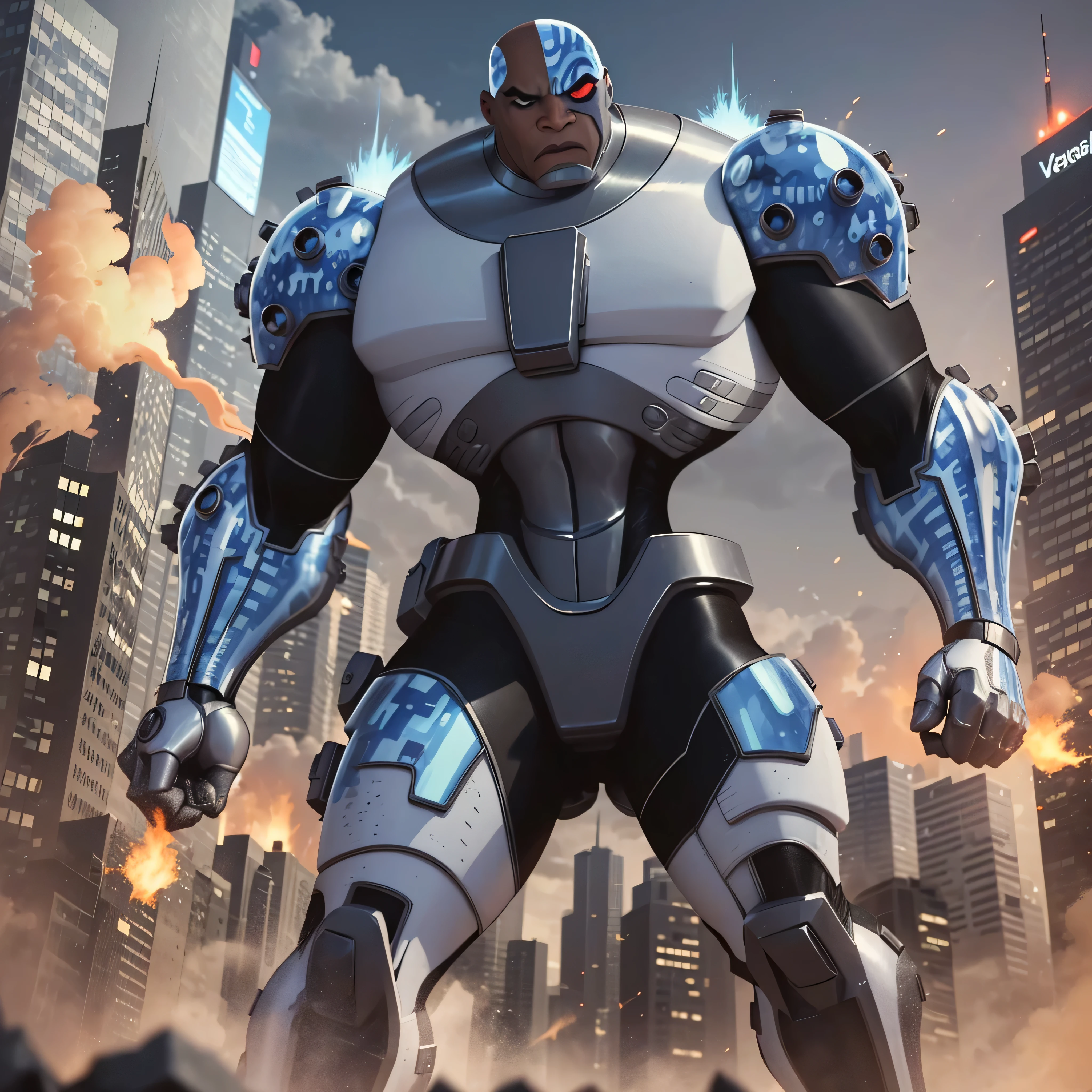 Full body image, DC Comics, Cyborg Victor Stone, black man, Cyborg Cannon Arm, shoulder rocket launchers, in battle pose, giant T-shaped building in background, photo-realistic, octane render, unreal engine, ultra-realistic