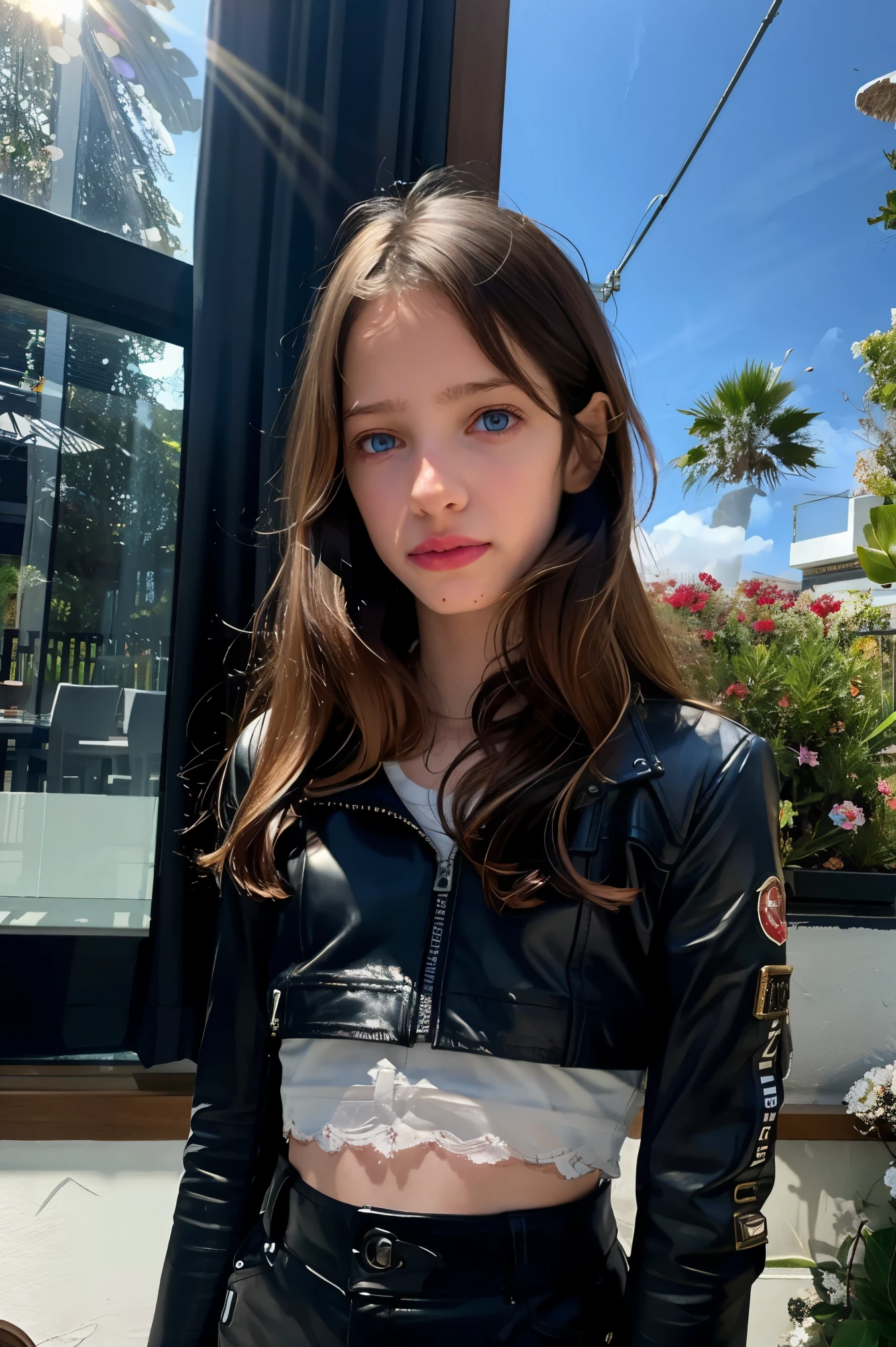 A stunning, intricate full color portrait in Ultra-HD, a  girl, brown hair, blue eyes, detailed face, dressed in a black leather jacket, in a room with a sunlit window, epic character composition , alessio albi. nina masic, sharp focus, natural lighting, subsurface dispersion, f2, 35mm,