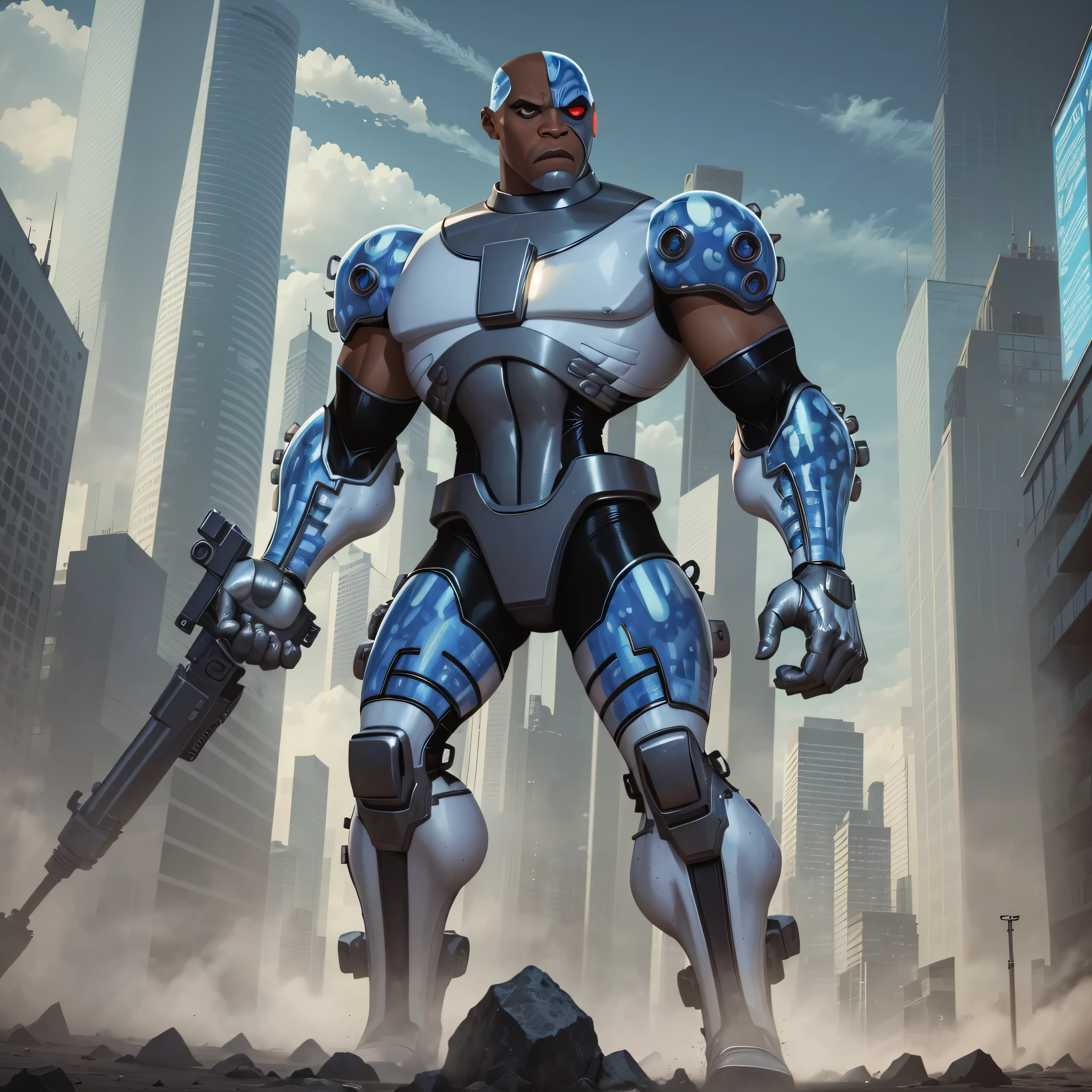 Full body image, DC Comics, Cyborg Victor Stone, black man, Cyborg Cannon Arm, shoulder rocket launchers, in battle pose, giant T-shaped building in background, photo-realistic, octane render, unreal engine, ultra-realistic