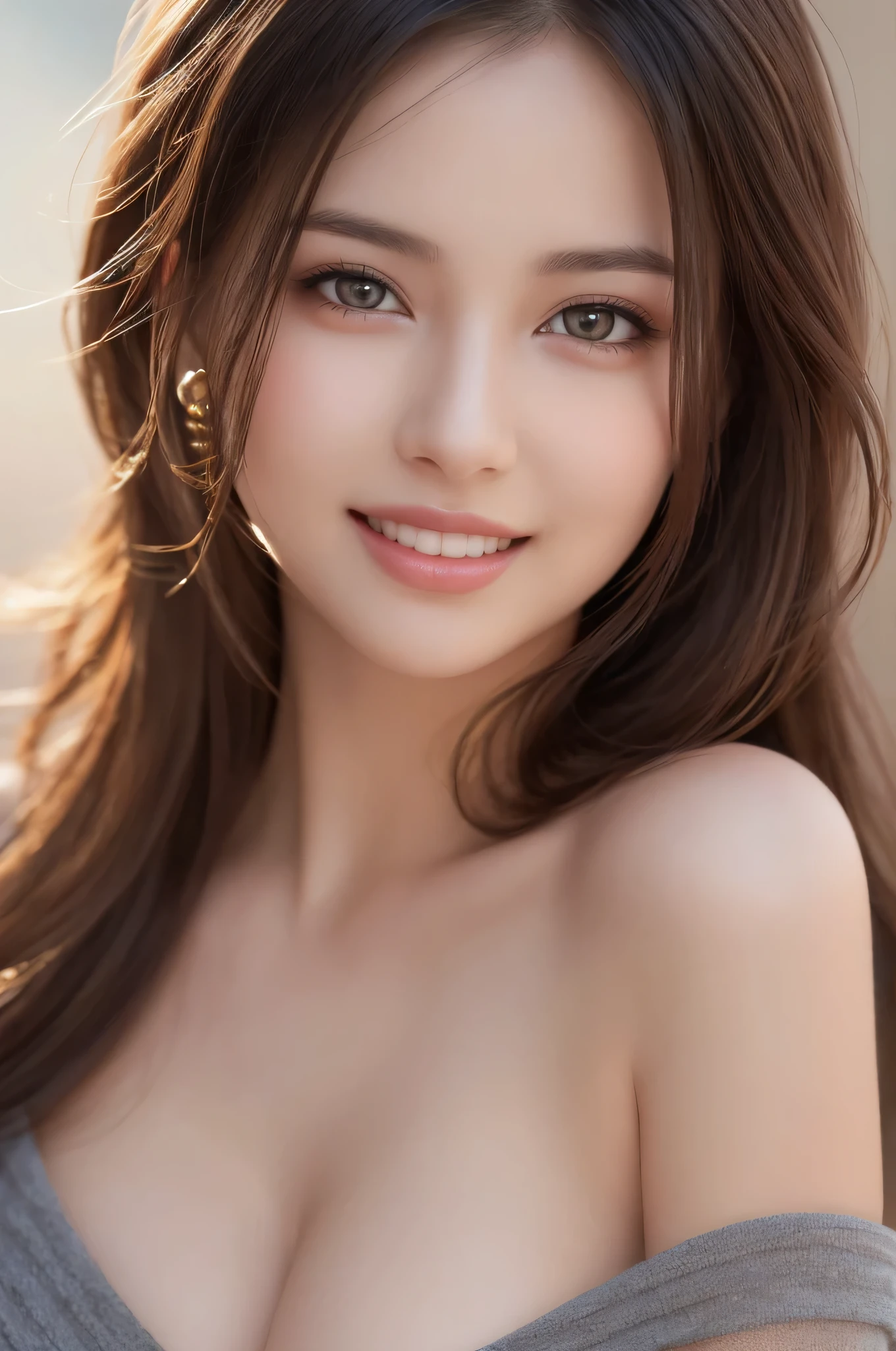 1 girl, very cute, wonderful face and eyes, (Highly detailed beautiful face), (Ultra realistic), (highly detailed eyes, highly detailed hair, highly detailed face, Highly detailed plump lips), (off shoulder), (cleavage), Beautiful chest, chest, Upper body, looking for a smile, (highest quality:1.4), RAW photo, (realistic, photo-realistic:1.37), professional photography, cinematic light,