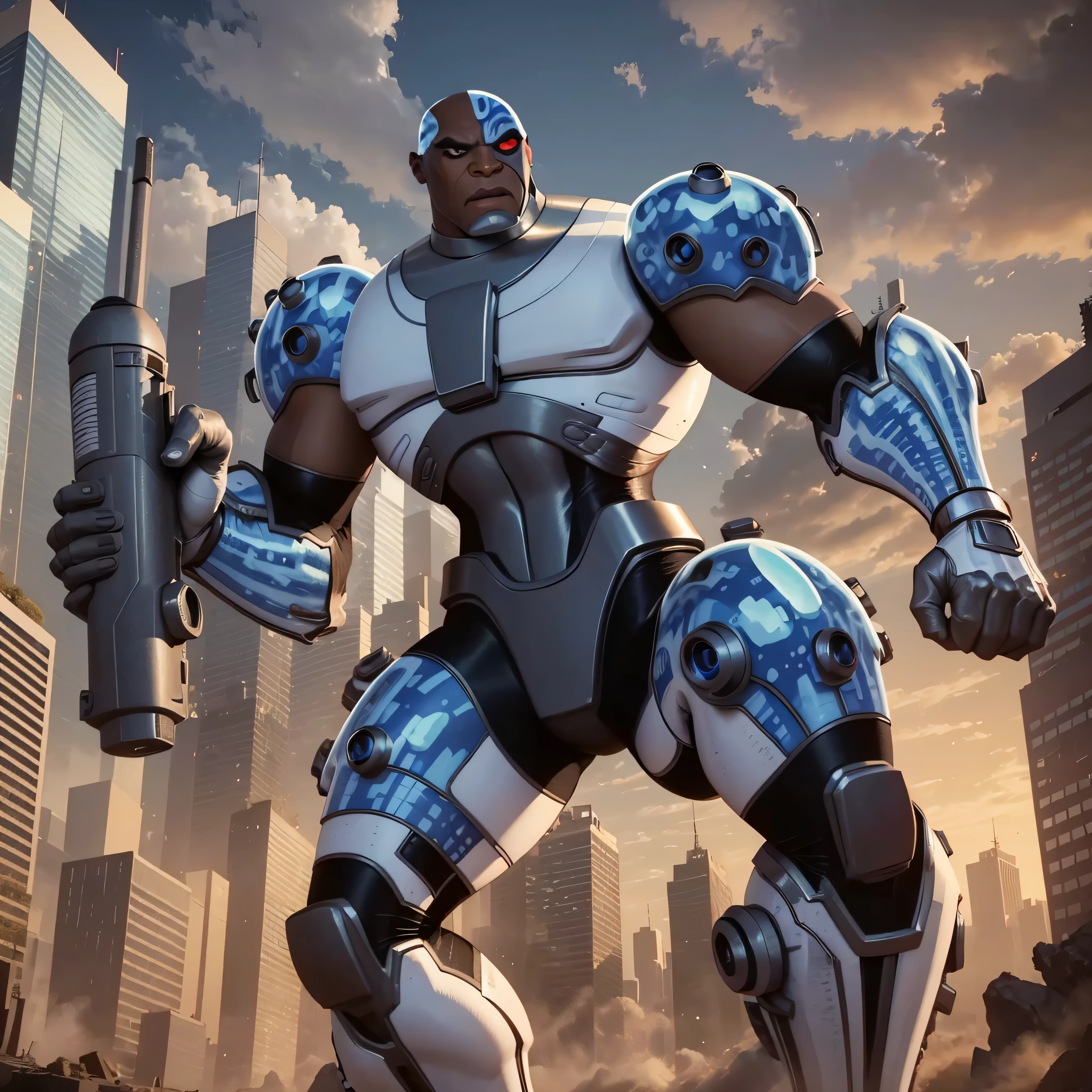 Full body image, DC Comics, Cyborg Victor Stone, black man, Cyborg Cannon Arm, shoulder rocket launchers, in battle pose, giant T-shaped building in background, photo-realistic, octane render, unreal engine, ultra-realistic