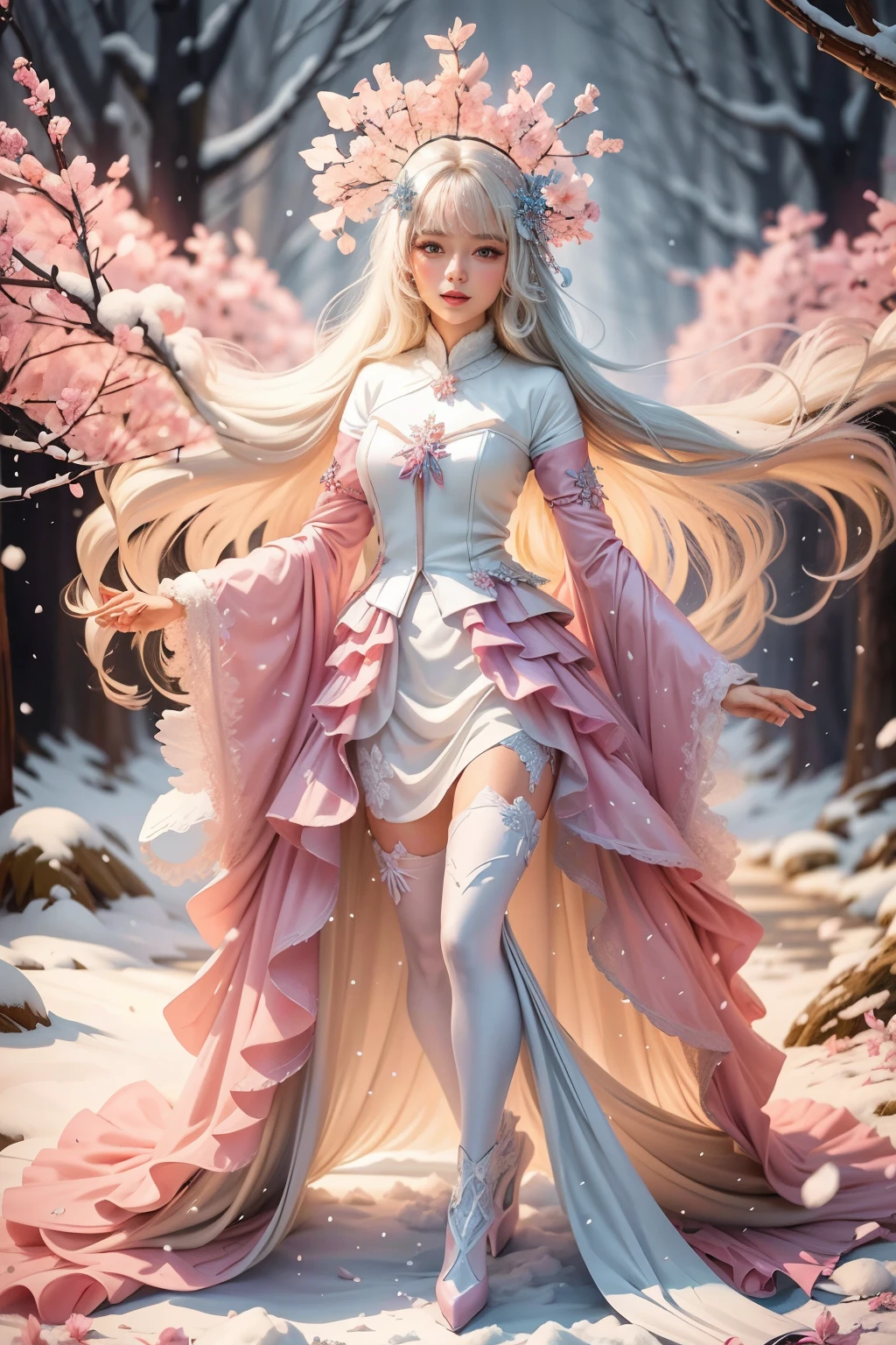 Snow flakes falling, snow flakes, winter snow, silver studded pearl pink high heal shoes, a digital illustration painting with soft pastels, a beautiful woman with long blonde wavy hair in flow in a blue coat suit, grey short white mini skirt matching pink high heel boots, smiling, walking under the dense cherry trees, decorated, snowing sakura blossom flowing around, soft focus, silhouettes of trees framing the scenery, blue, black and pink colors blend gently, effect Bokeh background, very delicate, rim lighting, vivid, vibrant tones, und 8k