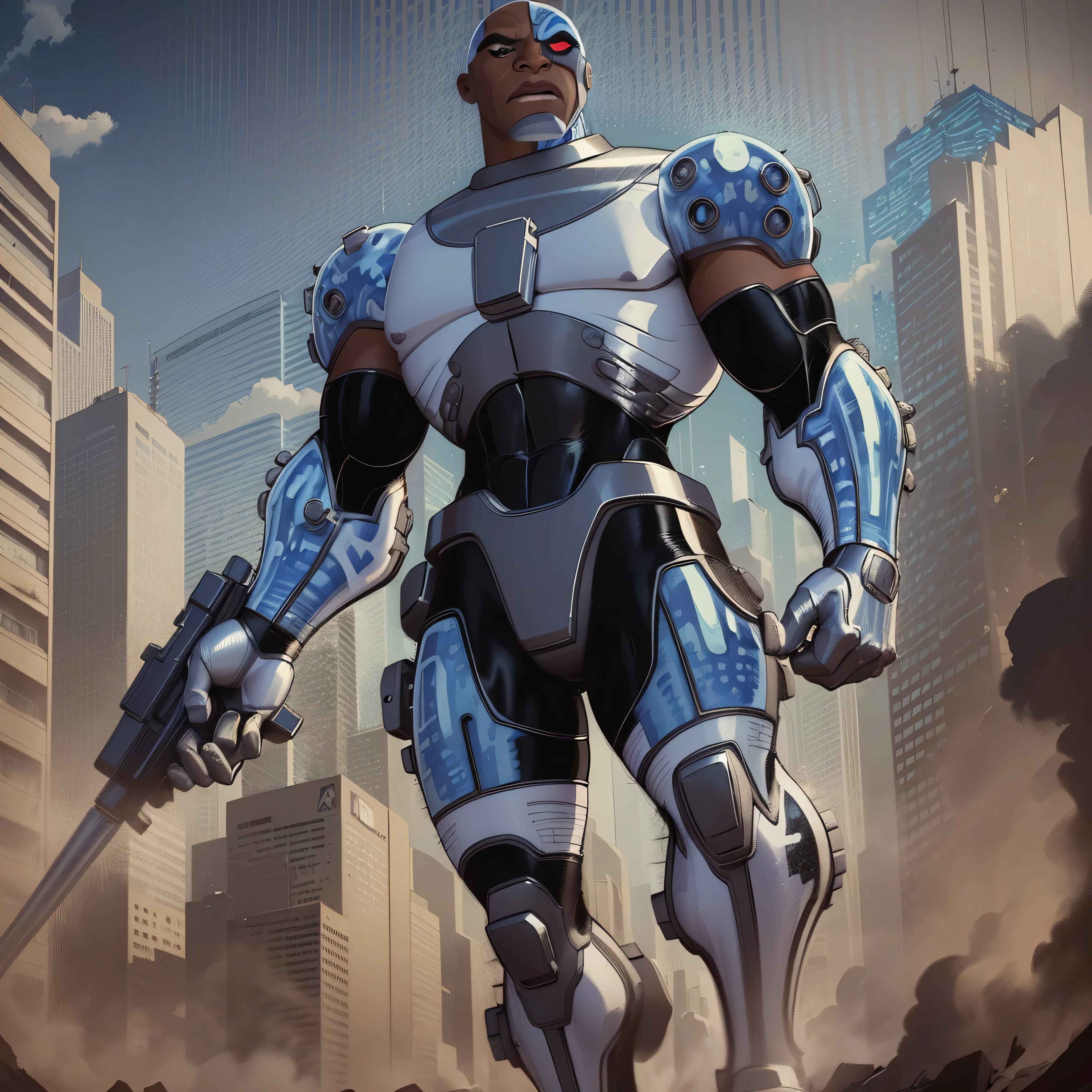 Full body image, DC Comics, Cyborg Victor Stone, black man, Cyborg Cannon Arm, shoulder rocket launchers, in battle pose, giant T-shaped building in background, photo-realistic, octane render, unreal engine, ultra-realistic