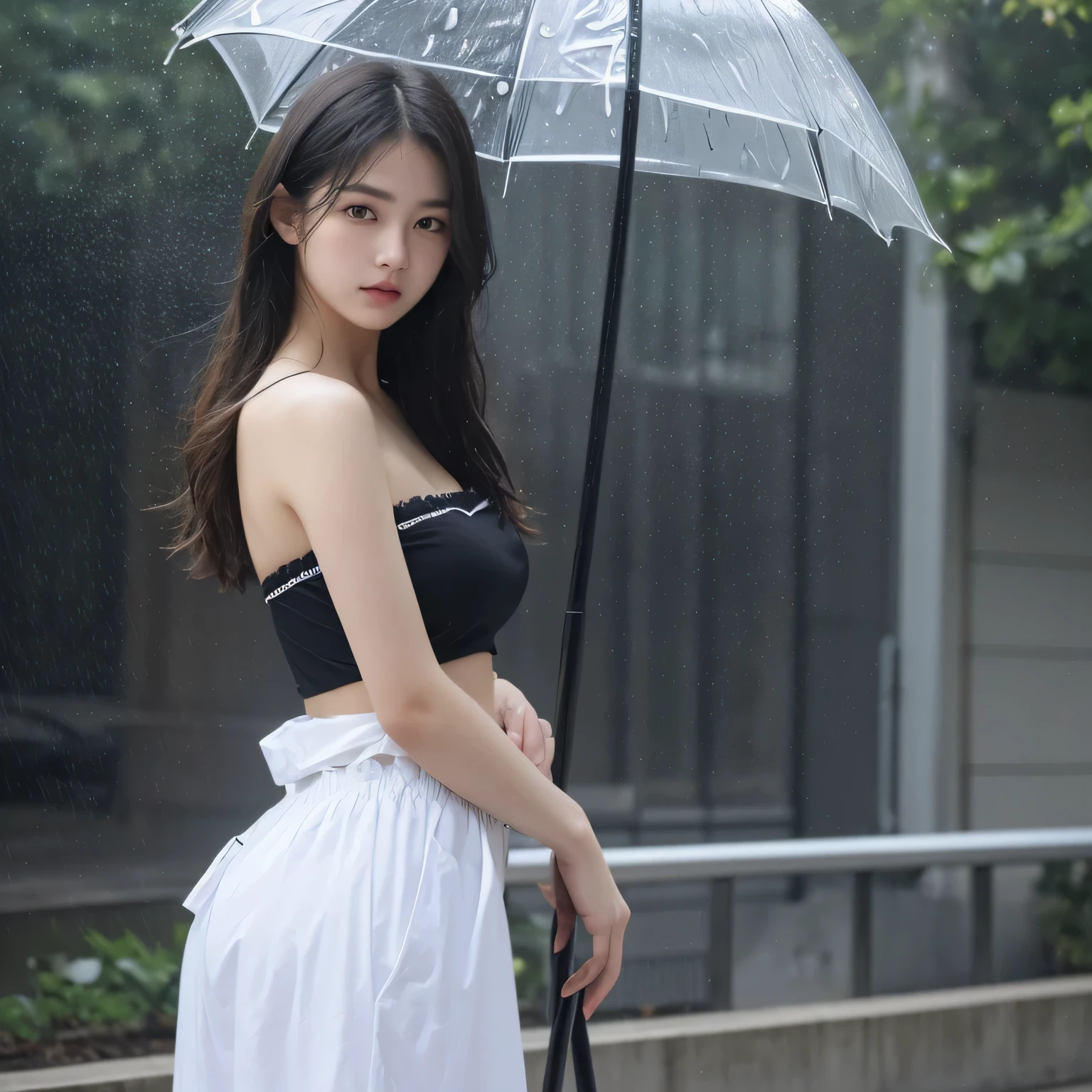 ((highest quality, 8k, masterpiece:1.3)), concentrate:1.2, perfect body beauty:1.4, buttocks:1.2, ((layered haircut, chest:1.2)), (wet clothes:1.1) , (rain, street:1.3), bandeau dress: 1.1, Highly detailed face and skin texture, fine eyes, double eyelid, whitened skin, long hair, (shut up: 1.3)