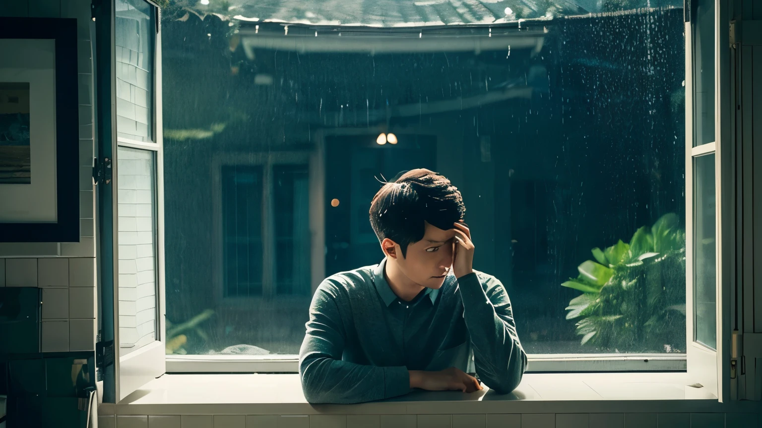 Sad man at home thinking about how he will overcome his countless vices while it rains outside the window