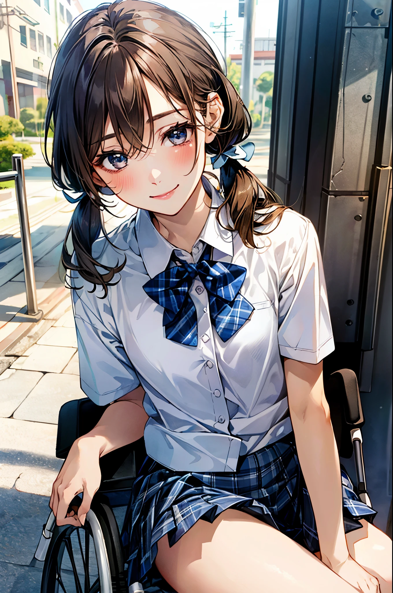 (masterpiece:1.2, top-quality), (realistic, photorealistic:1.4), beautiful illustration, (natural side lighting, movie lighting), ,
looking at viewer, full body, 1 girl, high school girl, japanese, perfect face, perfect anatomy, cute and symmetrical face, small face, round face, shiny skin,
(middle hair, low twintails, light brown hair), hair between eyes, dark blue eyes, long eye lasher, (middle breasts), slender,
beautiful hair, beautiful face, beautiful detailed eyes, beautiful clavicle, beautiful body, beautiful chest, beautiful thigh, beautiful legs, beautiful fingers,
((symmetrical clothing, white collared shirts, navy pleated skirt, blue plaid bow tie), pink panty), navy socks, brown loafer,
(beautiful scenery), depth of field, morning, (outdoors), being in a wheelchair, (smile),