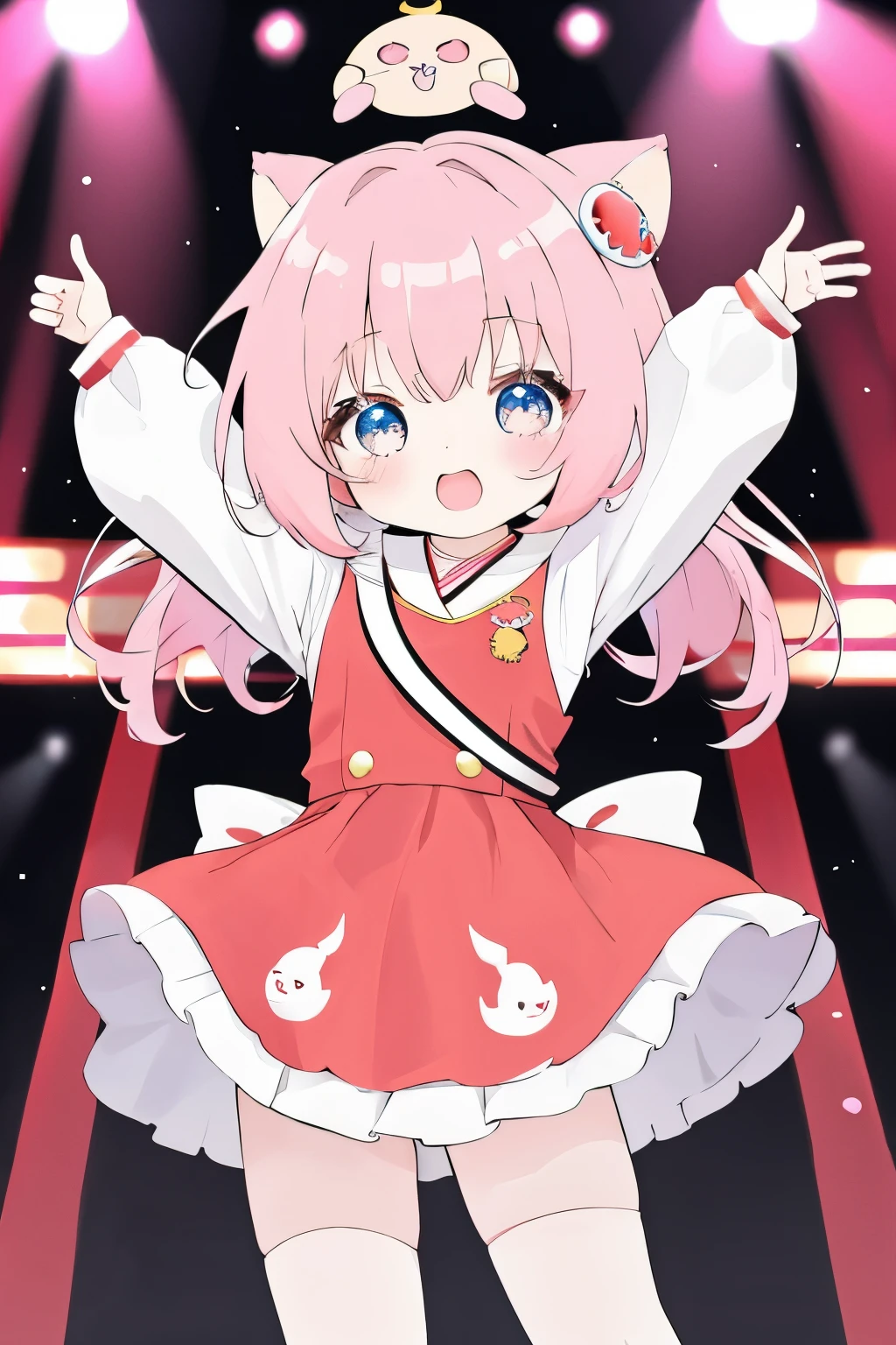 Chibi girl acting on the stage of Hero Sentai、wearing a cute monster costume