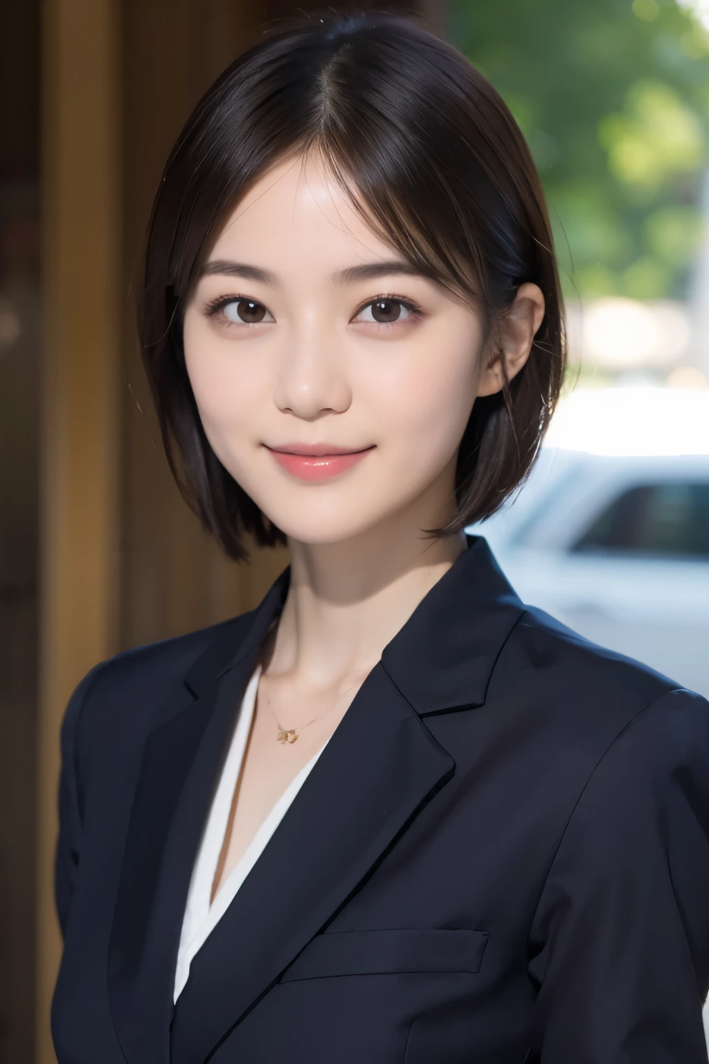 168
Shorthair, a 20 yo woman, gentle smile, working suit