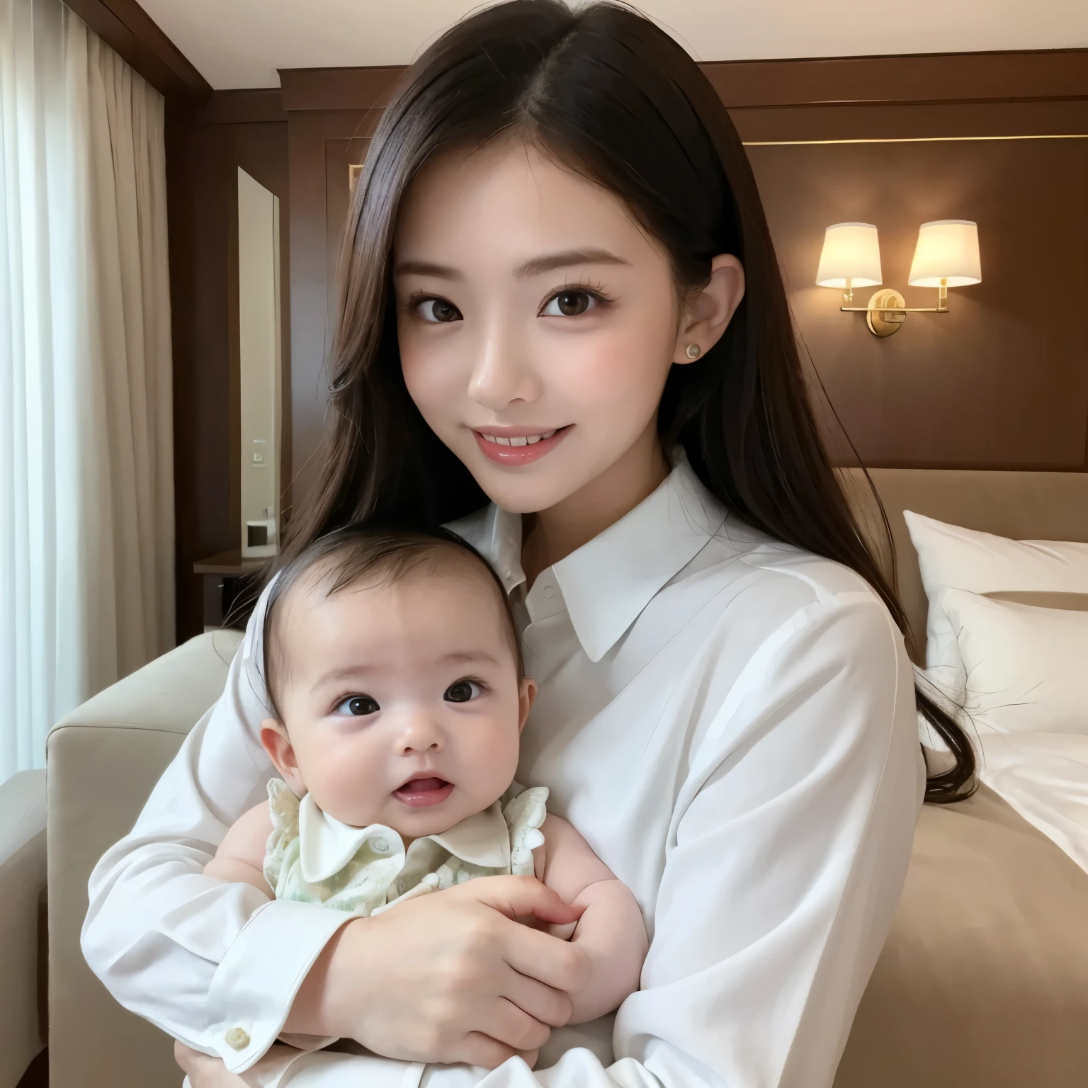 ((((1  and 1 daughter,Young woman holding babyher arms,infp young woman,Detailed Babyface)))),(Sit on a bed in a luxury hotel,ornate decorations,Shooting from the knee up,Phenomenally cute schoolgirl、Navy blue skirt with red ribbon and white shirt,a hyperrealistic schoolgirl,The cutest woman,goddess of Japan, large full breasts,)、((See the perfect camera here,From the knee up,Big smile,Clean teeth,perfect teeth,White teeth,finerly detailed face,Quality and beautiful face,Clear and beautiful face,Perfect gas chamber,Perfect fingers,Perfect hands,Accurate 5 fingers)),View here,Center view、Nice skin、glistning skin、lovely thighs、glowing thigh、shining legs、tmasterpiece，hight resolution，1girll，Beautiful expression，Red High Gloss Lipstick，Physical，dingdall effect，realisticlying，Dark Studio，edge lit，two tone lighting，（highdetailskin：1.2），8K Ultra HD， Digital SLR, softlighting, hightquality, volumettic light, Sneak Shots, Photore, hight resolution