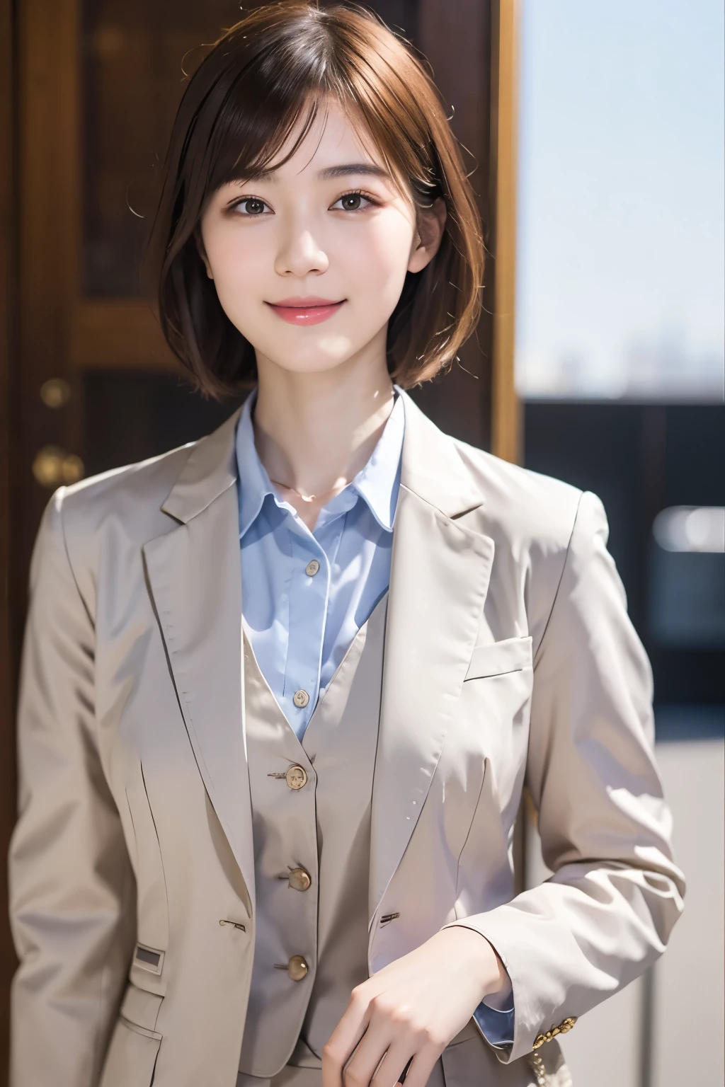 168
Shorthair, a 20 yo woman, gentle smile, working suit
