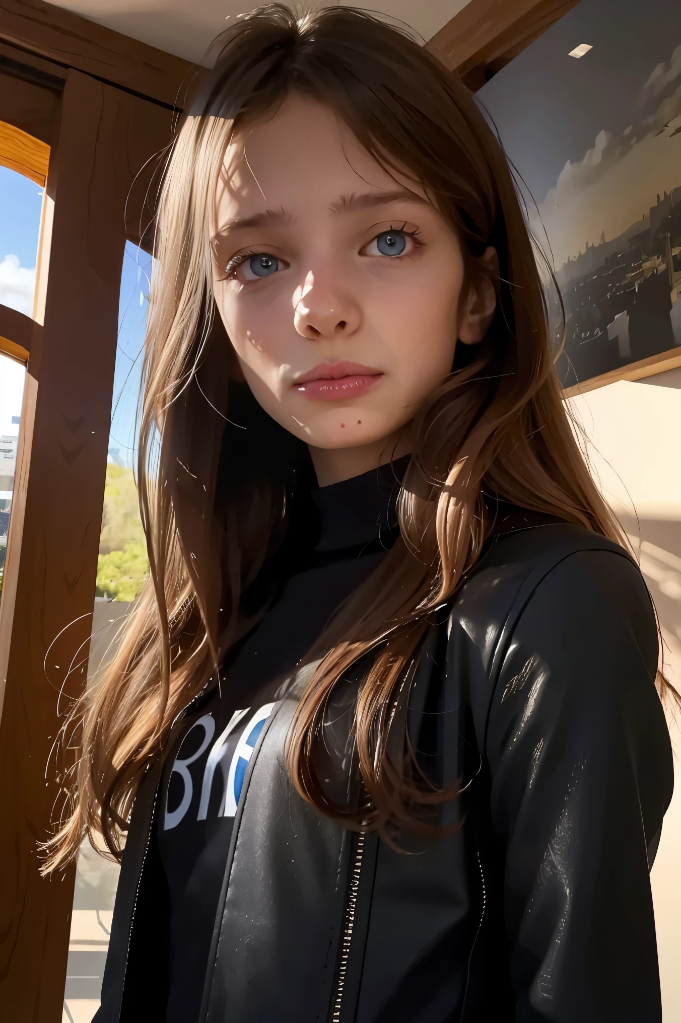 A stunning, intricate full color portrait in Ultra-HD, a  girl, brown hair, blue eyes, detailed face, dressed in a black leather jacket, in a room with a sunlit window, epic character composition , alessio albi. nina masic, sharp focus, natural lighting, subsurface dispersion, f2, 35mm,