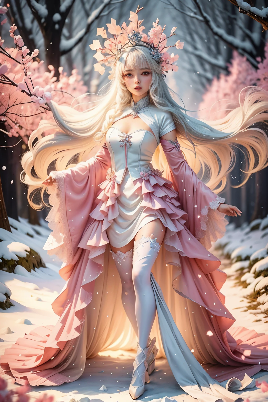 Snow flakes falling, snow covering her clothes crown head and hair, snow flakes, winter snow, silver studded pearl pink high heal shoes, a digital illustration painting with soft pastels, a beautiful woman with long blonde wavy hair in flow in a blue coat suit, grey short white mini skirt matching pink high heel boots, smiling, walking under the dense cherry trees, decorated, snowing sakura blossom flowing around, soft focus, silhouettes of trees framing the scenery, blue, black and pink colors blend gently, effect Bokeh background, very delicate, rim lighting, vivid, vibrant tones, und 8k
