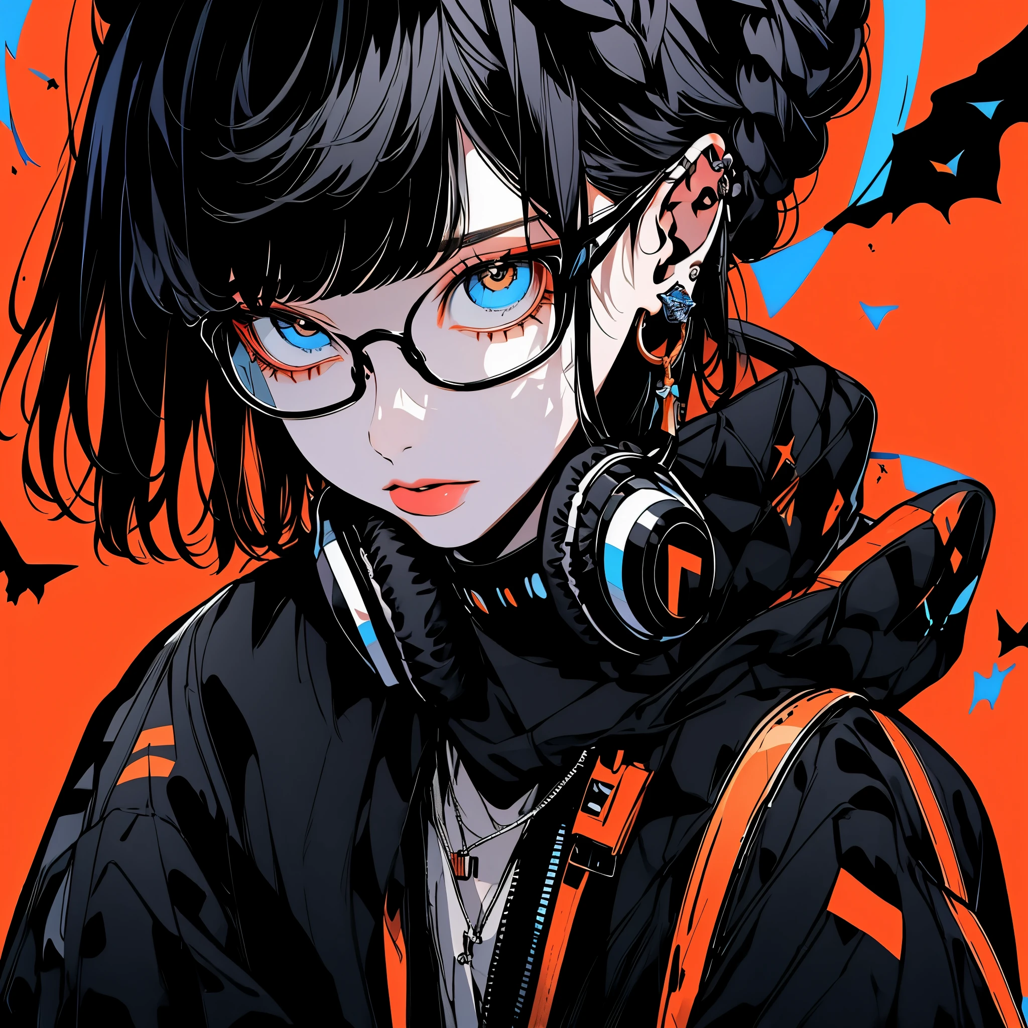 (magazine cover:1.3),Ulzzang-6500, (realistic: 1.3) (original: 1.2), masterpiece, highest quality, beautiful and clean face, whole body, 1 female, (Wearing a black and white and cobalt sci-fi tech mask and headphones with complex electronics), Wearing a black techwear jacket and orange pants with buckles and tape, (crystal necklace), pose for a photo, (White braided bun hair), Glasses