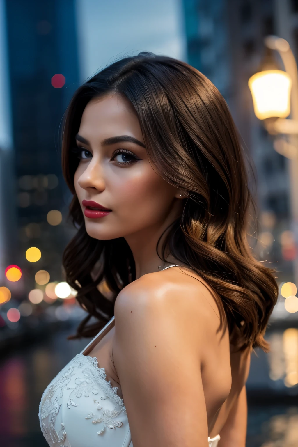 (masterpiece), best quality, perfect woman, midi dress, face detai, red lips, form-fitting, lightweight fabric, lace details, sheer panels, high heels, pointed toe, clutch, subtle accessories, seductive makeup, elegant hairstyle, close-up, cinematic lighting, bokeh, city ligths, river, sexy posture, desire