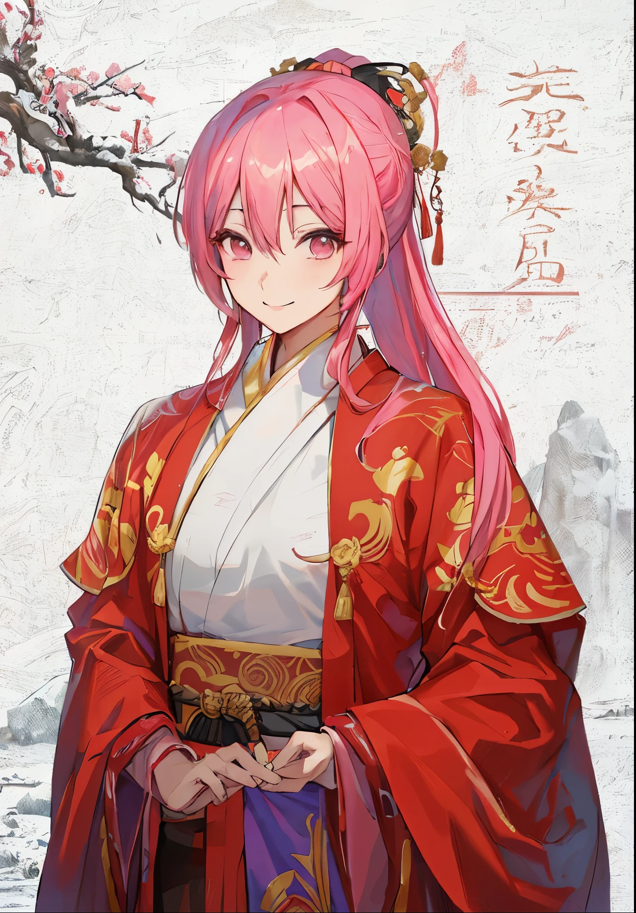 Anime character with pink hair and red chinese hanfu, Popular topics on artstation pixiv, zero art, Produced by Anime Painter Studio, guweiz style artwork, Beautiful anime portrait, Detailed anime character art, Clean and detailed anime art,Three Kingdoms style,Three Kingdoms Unparalleled Style,Smile,Dressed in ancient Chinese costumes,ponytail,Behind the ancient town in the snowy mountains,Sonison