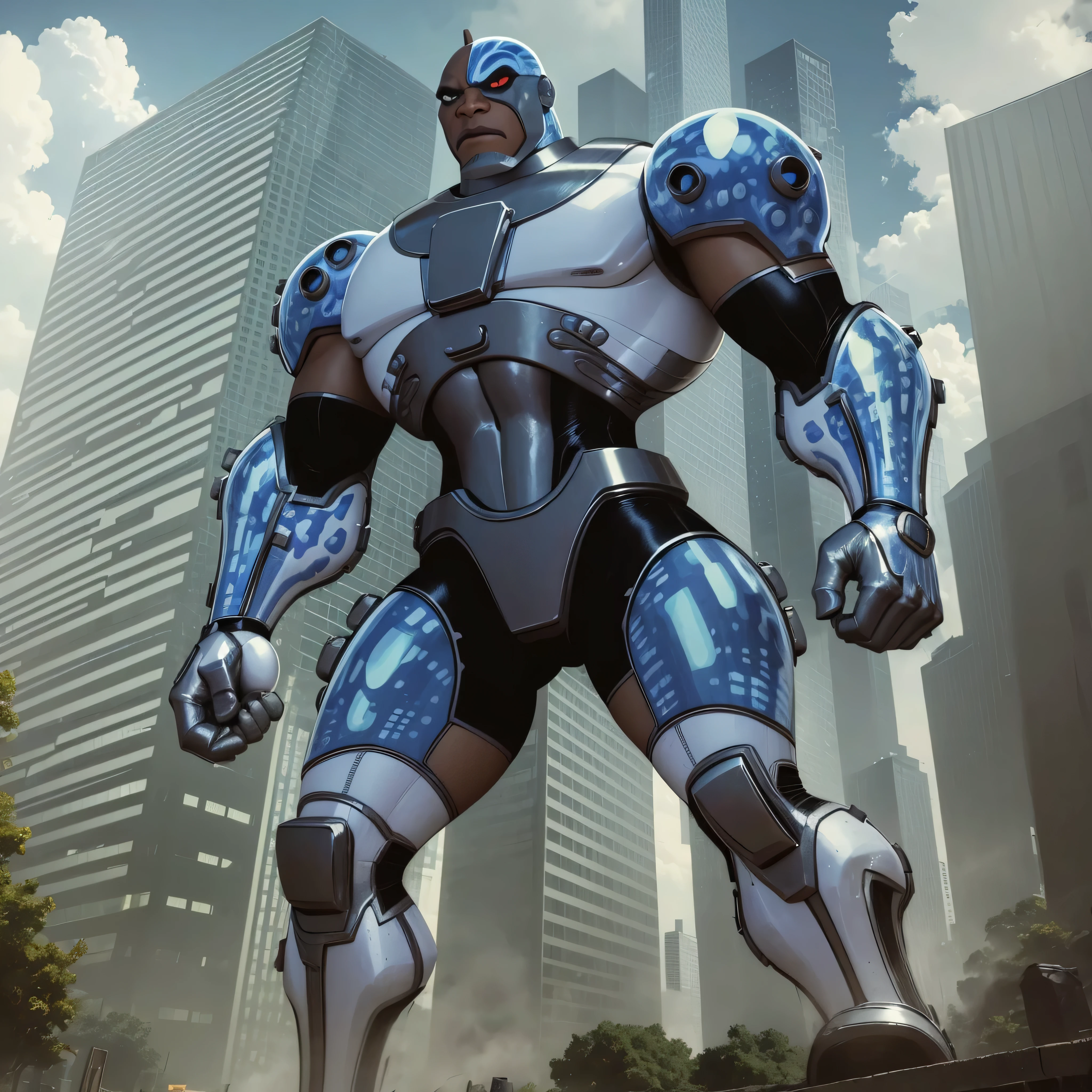 Full body image, DC Comics, Cyborg Victor Stone, black man, Cyborg Cannon Arm, shoulder rocket launchers, in battle pose, giant T-shaped building in background, photo-realistic, octane render, unreal engine, ultra-realistic