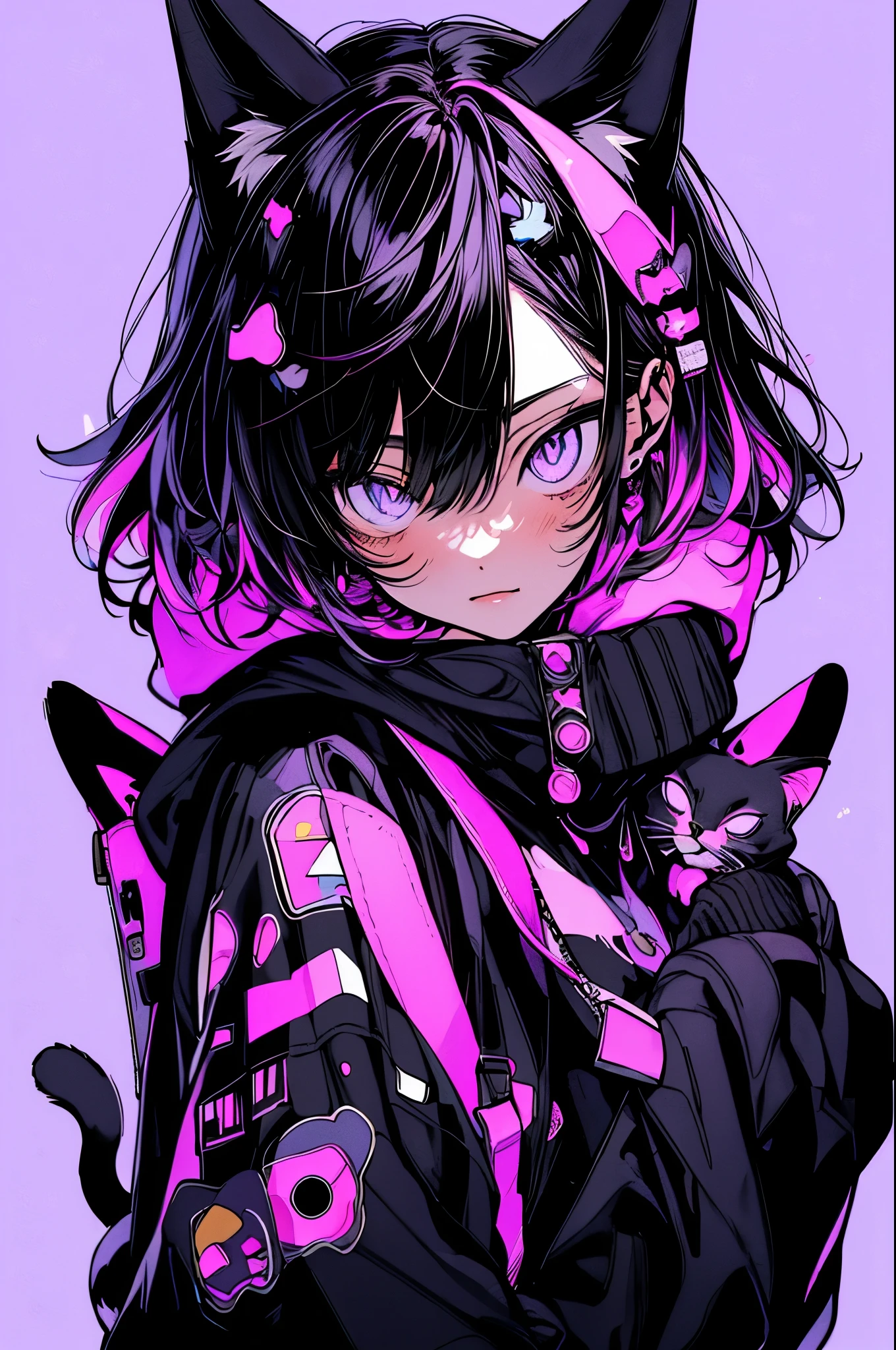 anime girl with black hair and a cat hat, anime style illustration, moe artstyle, wallpaper 8 k, digital illustration, beautiful catgirl, she wears a hoodie with animal ears and technowear technology, futuristic fashion in black and holographic colors, many details and buttons on it, cables coming out of the sleeves, the background is that of a simple pattern with cat motifs and paws, purple and black, black cat eyes, holographic, holo details
