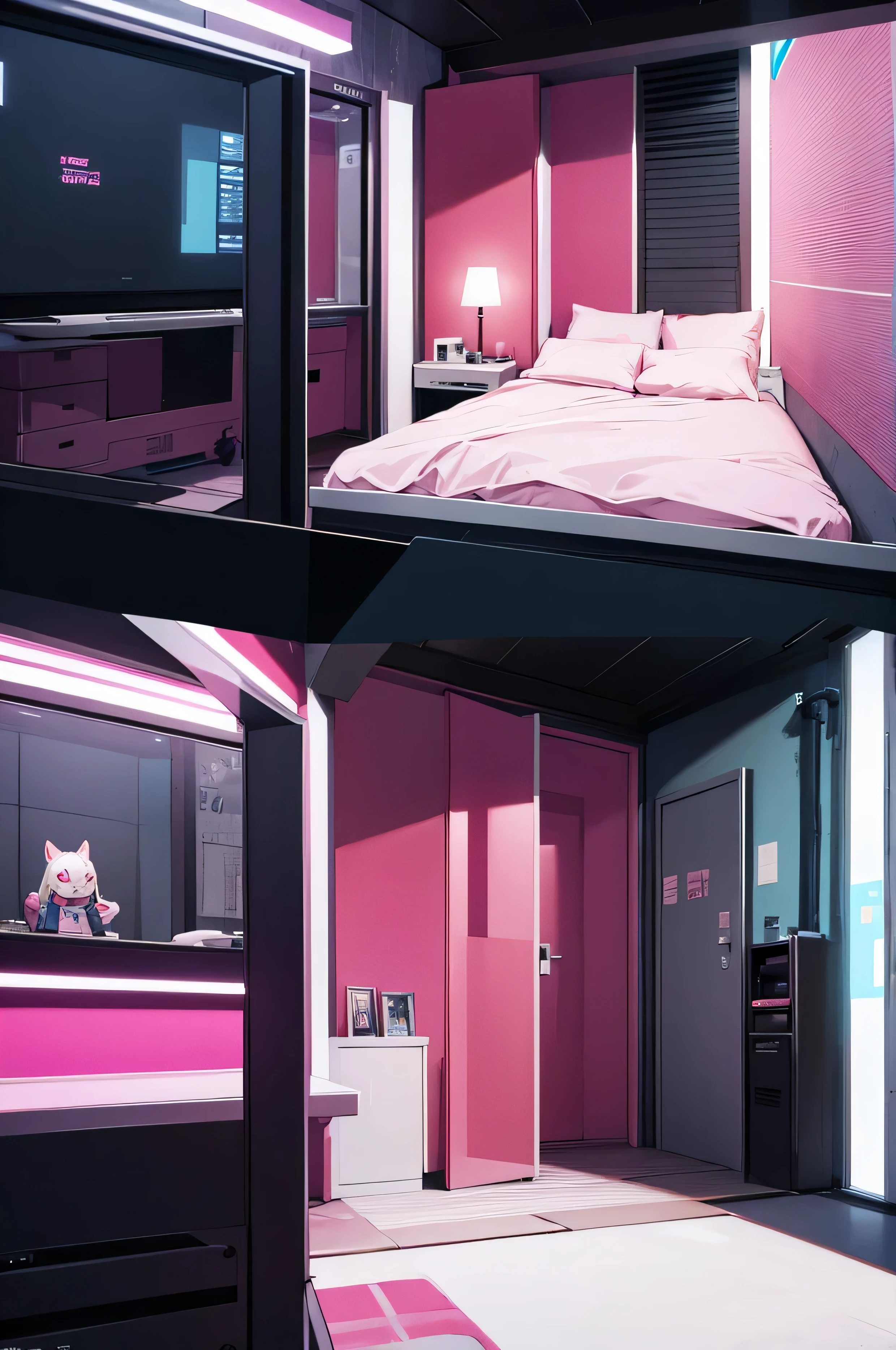 pink and white bed room, cyberpunk, futuristic, with a pcf