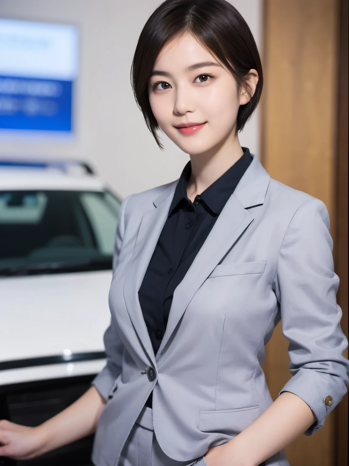 168
Shorthair, a 20 yo woman, gentle smile, working suit