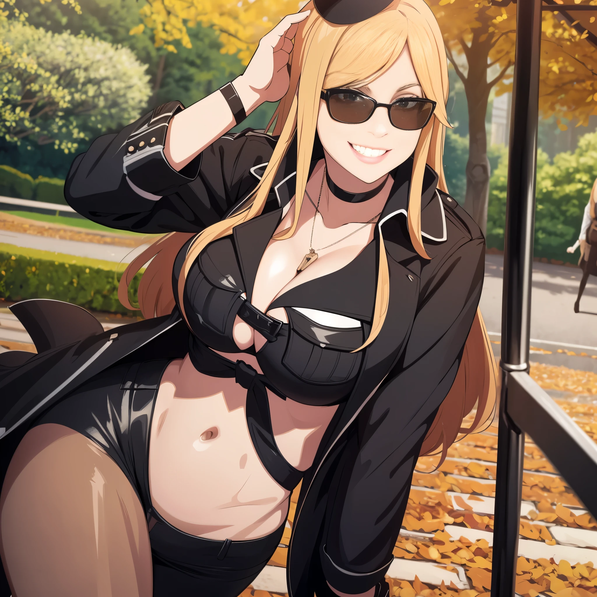 a woman in black clothing, in a park in autumn, wearing sunglasses, big breasts, smiling