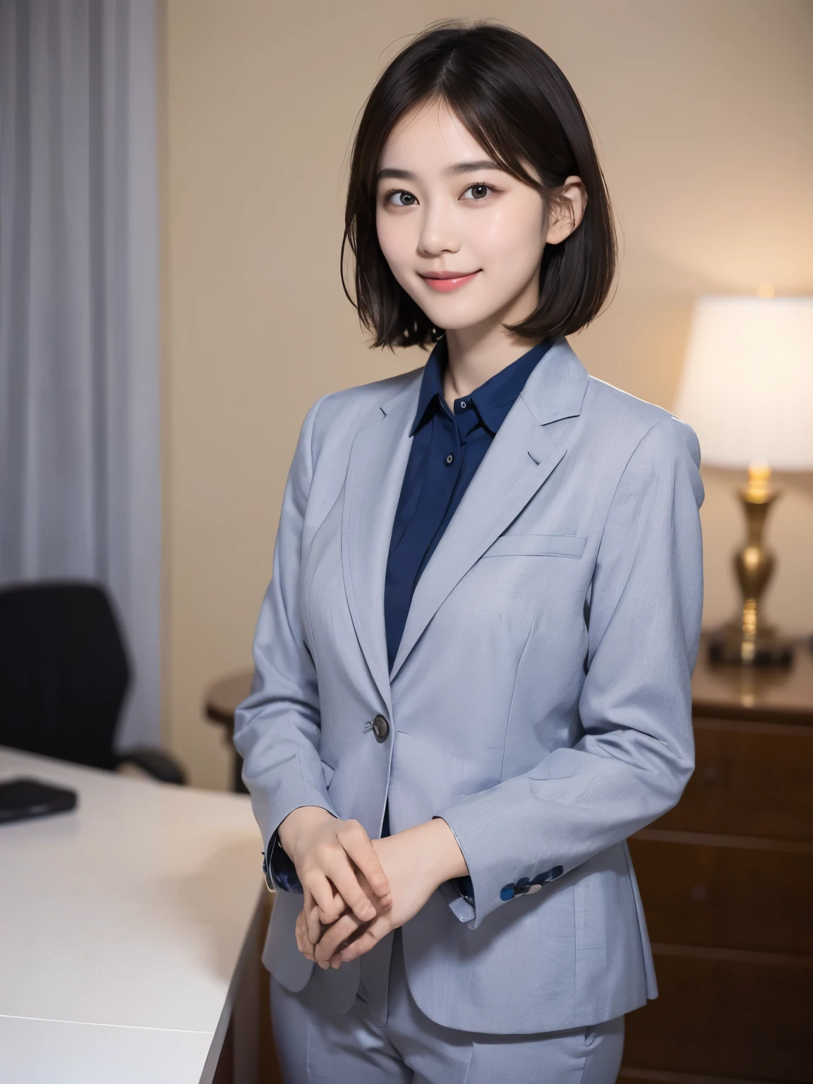 168
Shorthair, a 20 yo woman, gentle smile, working suit