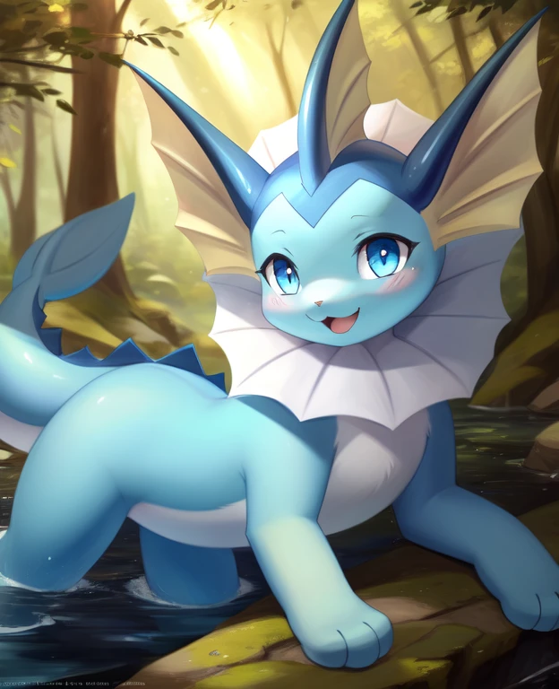 vaporeon, feral, female, anatomically correct, by ancesra, 1girl, solo, forest, detailed, detailed background, best quality, masterpiece, detailed eyes,  detailed pupil,happy face