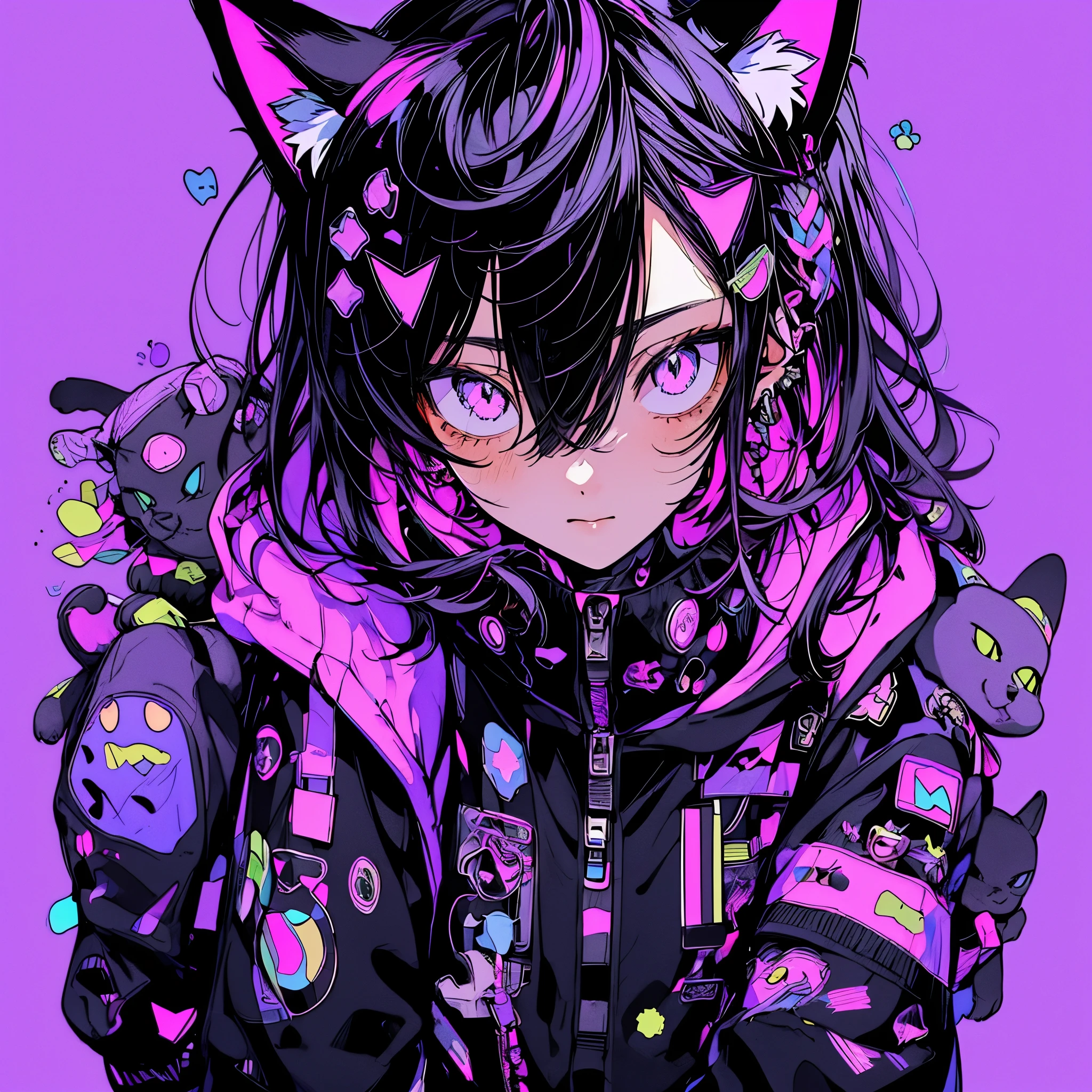 anime girl with black hair and a cat hat, anime style illustration, moe artstyle, wallpaper 8 k, digital illustration, beautiful catgirl, she wears a hoodie with animal ears and technowear technology, futuristic fashion in black and holographic colors, many details and buttons on it, cables coming out of the sleeves, the background is that of a simple pattern with cat motifs and paws, purple and black, black cat eyes, holographic, holo details