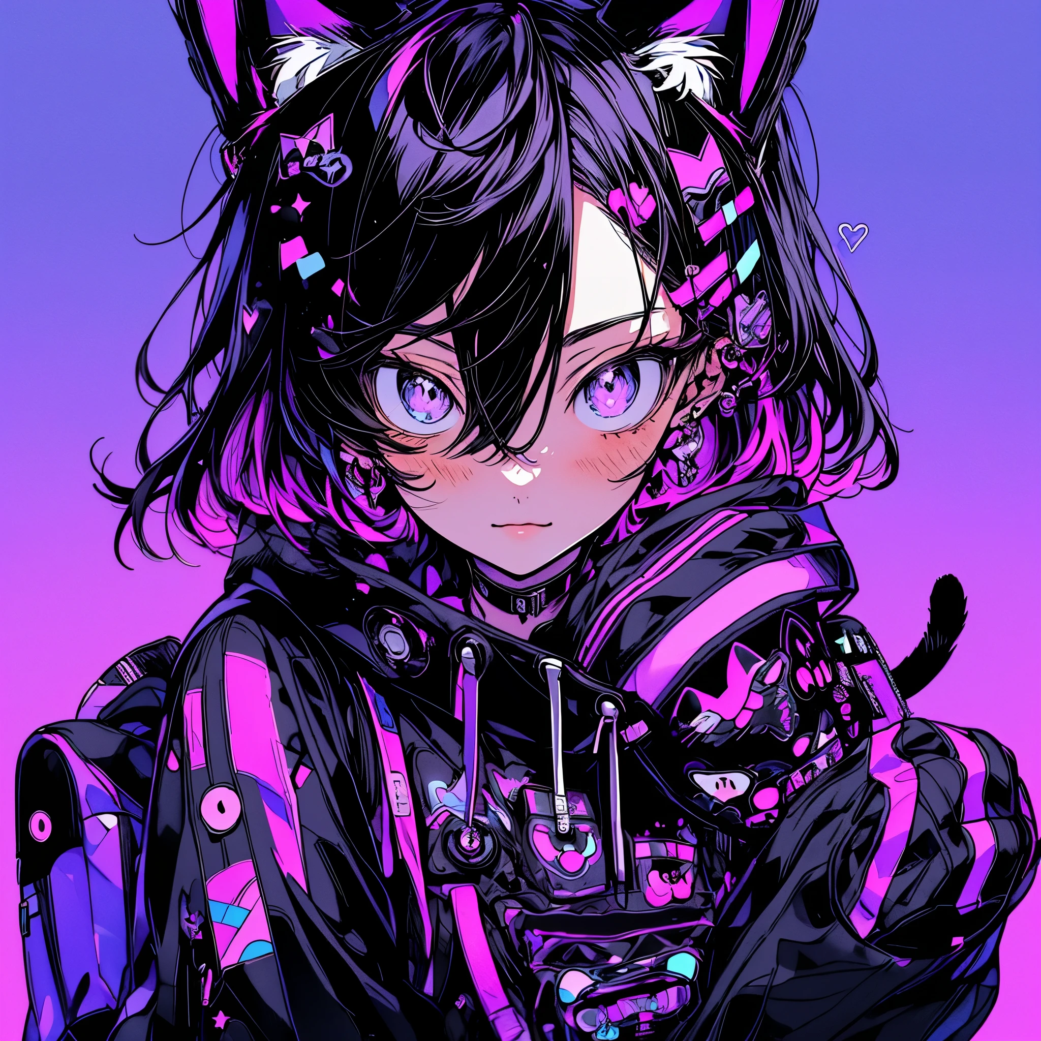 anime girl with black hair and a cat hat, anime style illustration, moe artstyle, wallpaper 8 k, digital illustration, beautiful catgirl, she wears a hoodie with animal ears and technowear technology, futuristic fashion in black and holographic colors, many details and buttons on it, cables coming out of the sleeves, the background is that of a simple pattern with cat motifs and paws, purple and black, black cat eyes, holographic, holo details