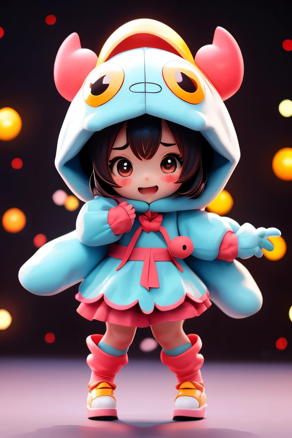 Chibi girl acting on the stage of Hero Sentai、wearing a cute monster costume