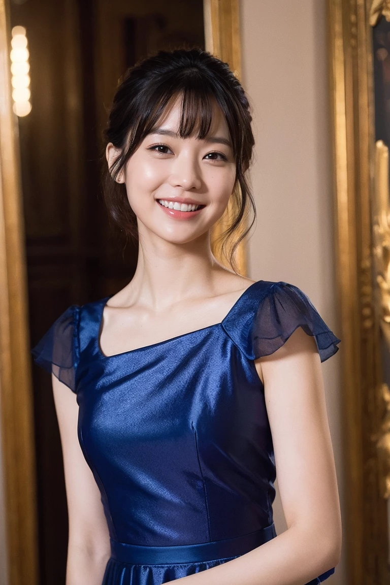 medium view, medium shot, Depth of written boundary, bust, Upper body, cinematic angle, masterpiece, highest quality, Super detailed, CG, 8k wallpaper, beautiful face, delicate eyes, maiden, alone, smile, bangs, skirt, shirt, have, cobalt blue dress with gold trim, laugh mischievously、flower background
