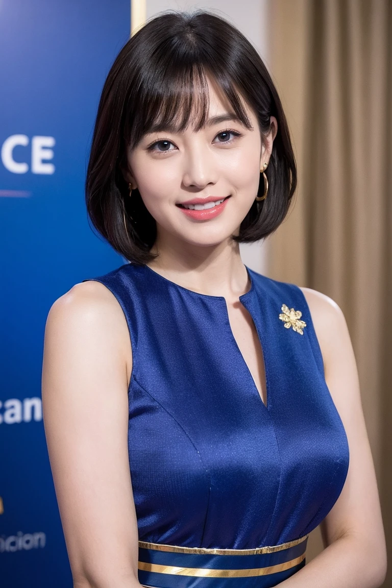 medium view, medium shot, Depth of written boundary, bust, Upper body, cinematic angle, masterpiece, highest quality, Super detailed, CG, 8k wallpaper, beautiful face, delicate eyes, maiden, alone, smile, bangs, skirt, shirt, have, cobalt blue dress with gold trim, laugh mischievously、flower background