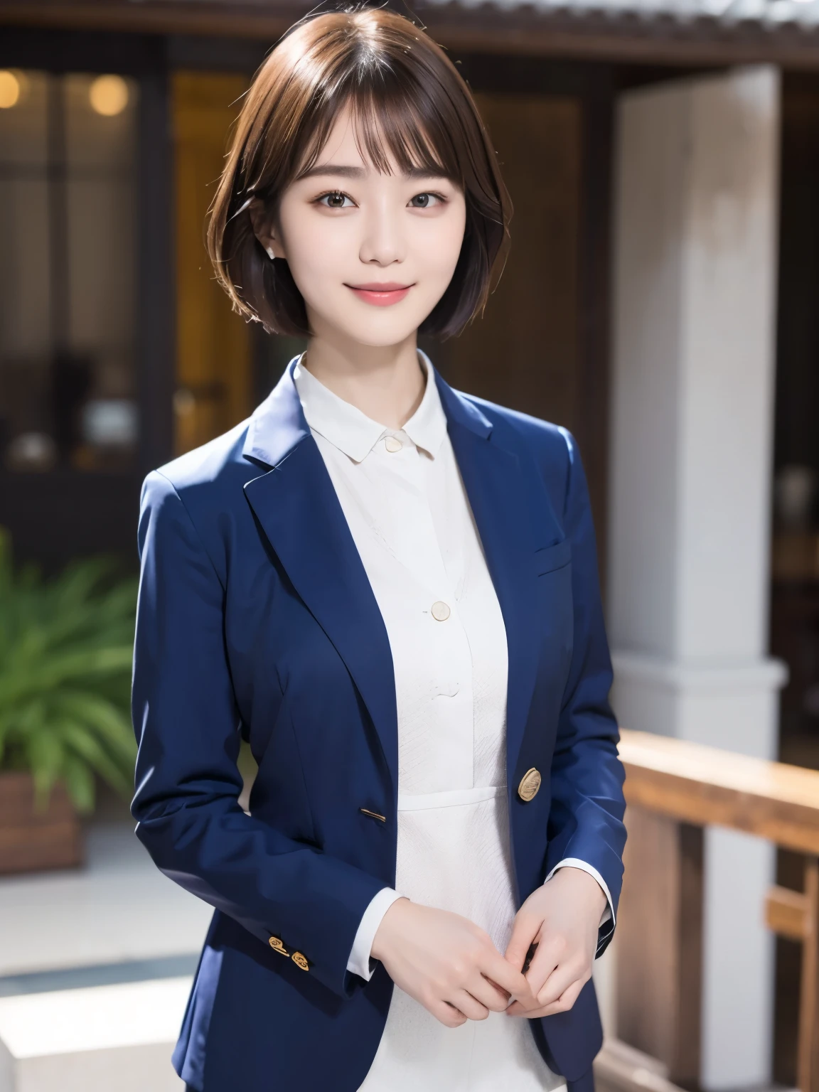 168
Shorthair, a 20 yo woman, gentle smile, working suit