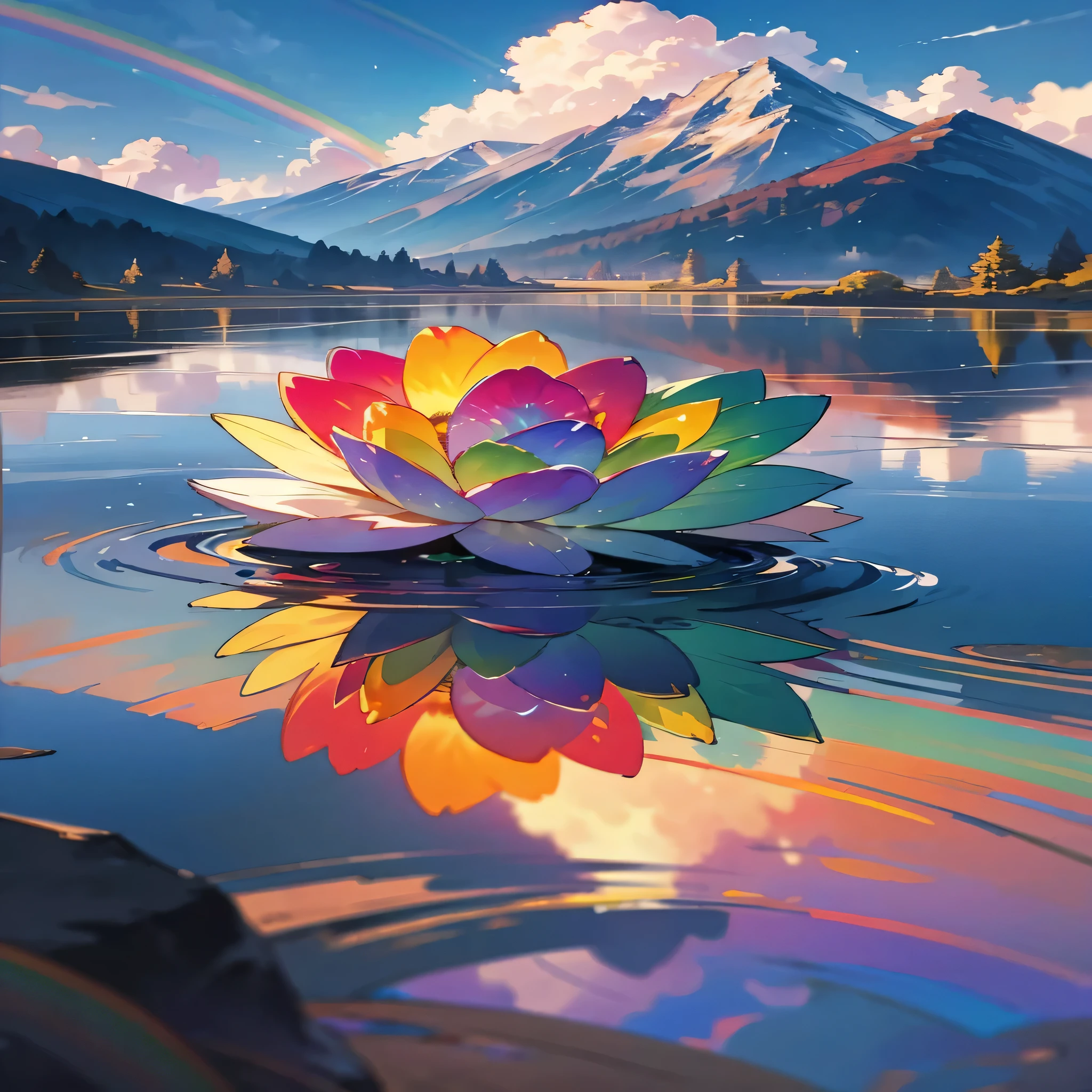 masterpiece, absurdres, flowers in the foreground with a very closeup detailed flower made out of glass, surreal atmosphere, water reflecting rainbow-like light, water in the background with a mountain in the far background, eyegasm, colorful at places, immensely breathtaking