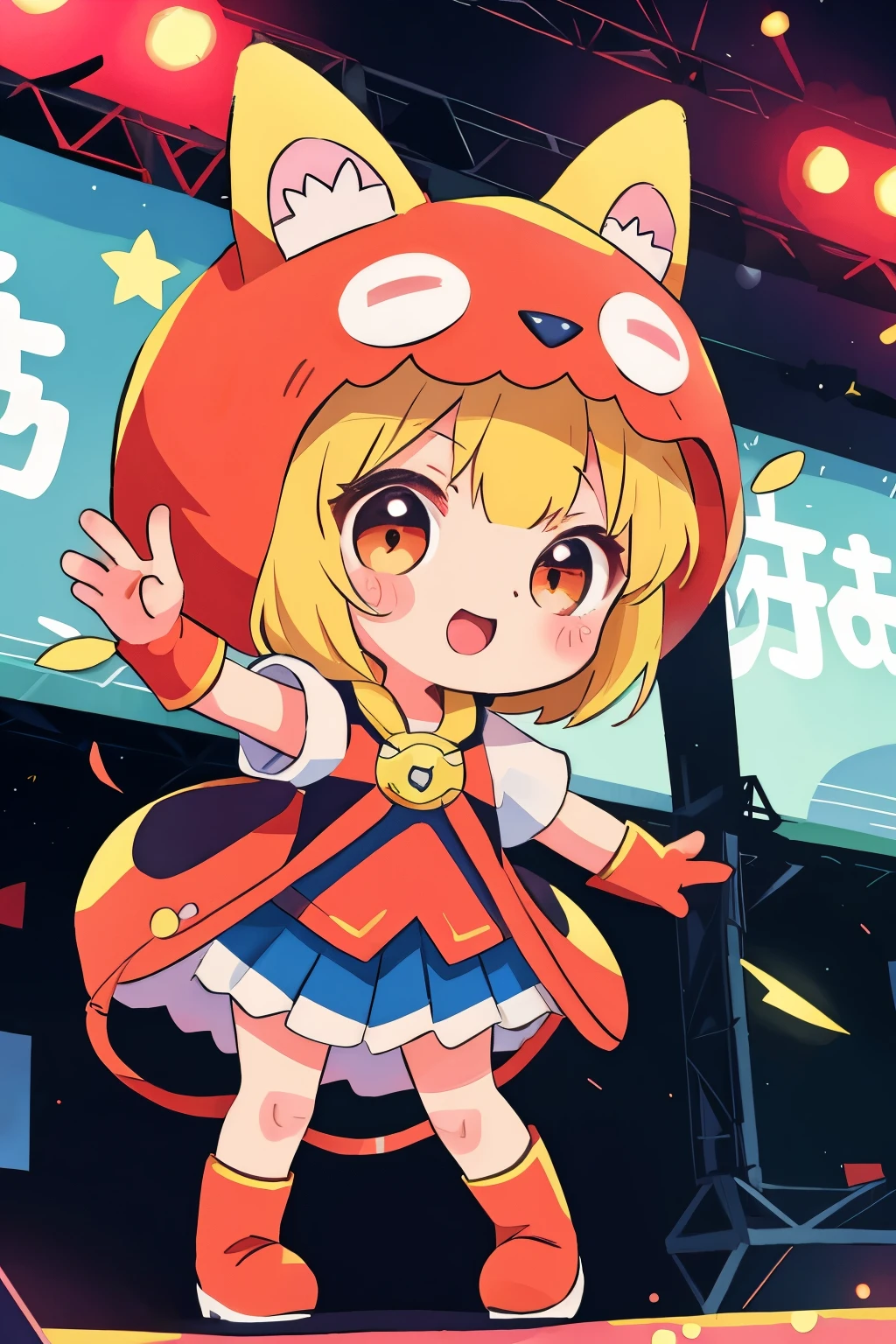 Chibi girl acting on the stage of Hero Sentai、wearing a cute monster costume