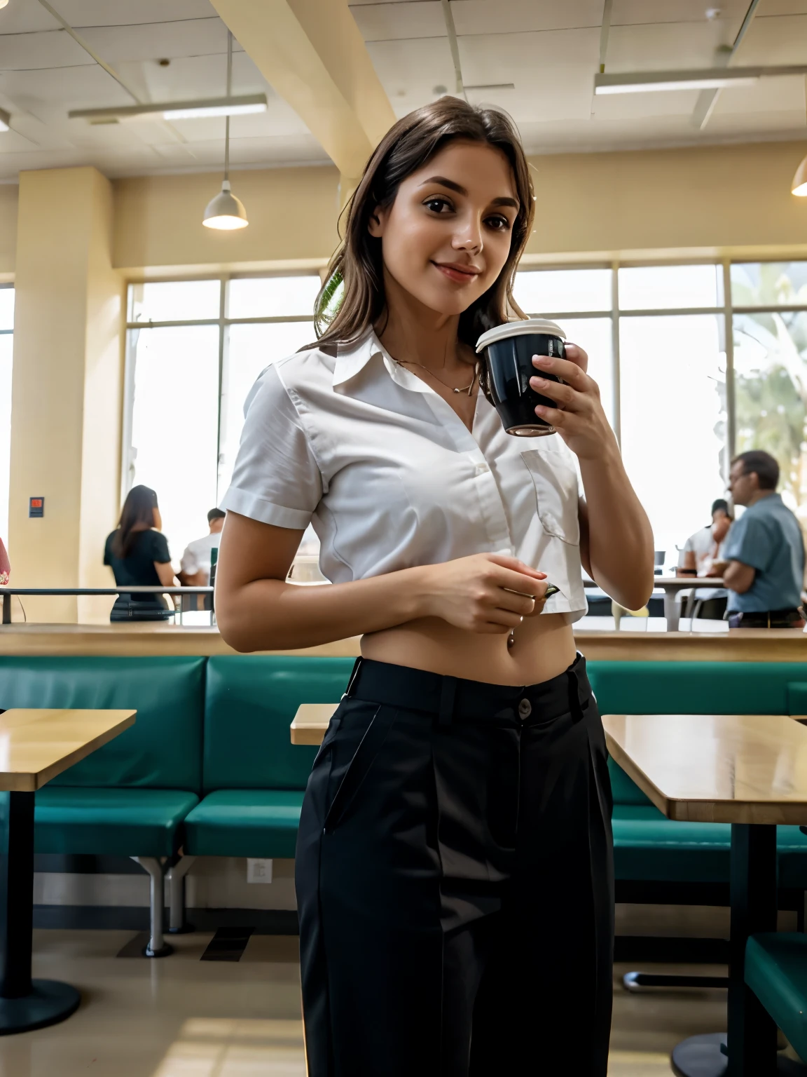 de 30 anos, em uma cafeteria, saia curta, sentado na cadeira, Drinking coffee, pernas abertas, morena, corpo todo, medium chest, camisa apertada, showing pants, roupas pretas, mamilos felizes