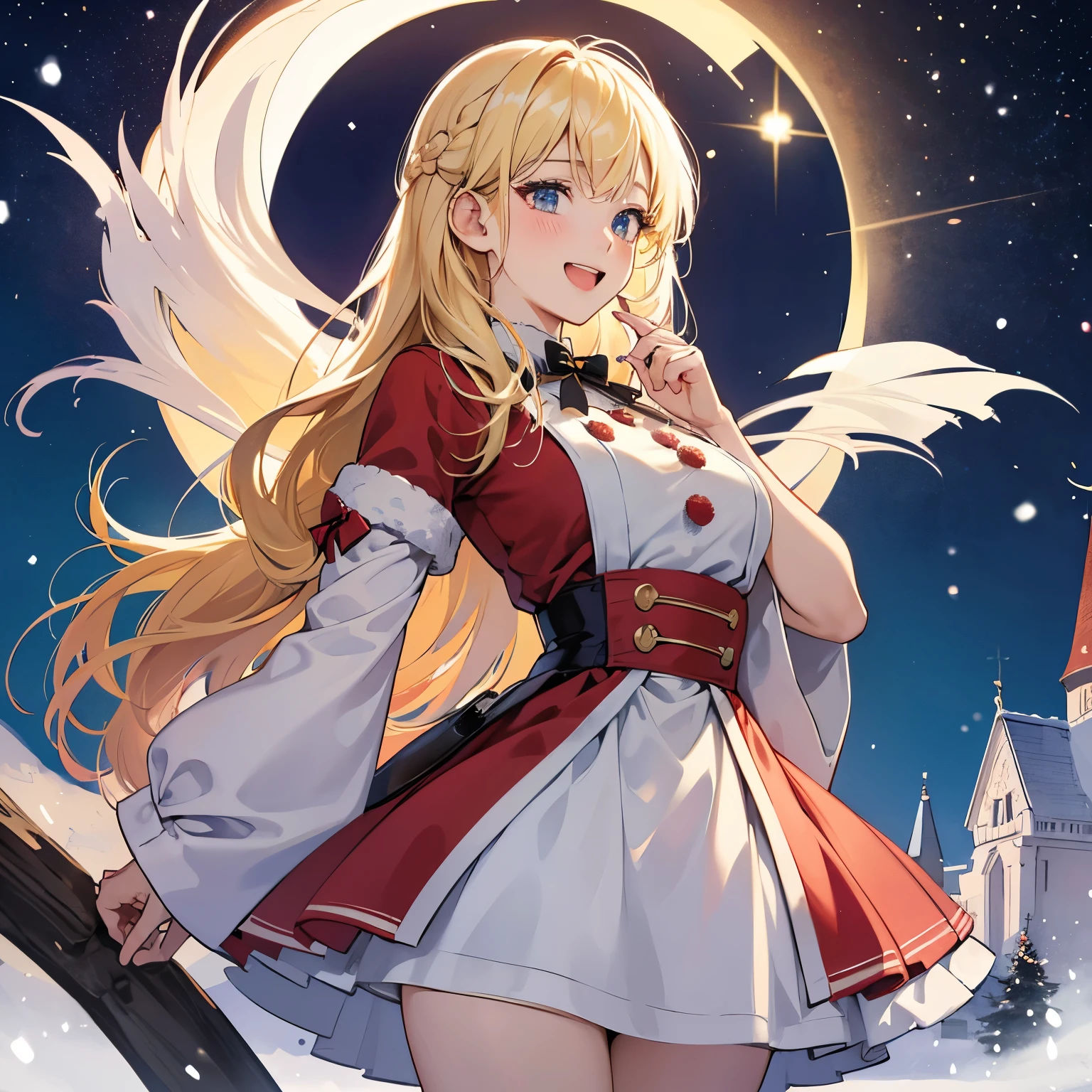 double sided hairstyle, cute santa claus costume, Accentuated breasts, 별처럼 빛나는 아름다운 보라색 eye, blonde hair, Very detailed and very beautiful big smiling face, shy face, blushing cheeks, white breath , Christmas Present, Present, ;d, 반짝이는 eye동자, 아름답고 d테일한 머리카락, alone, Ultra-fine illustration, holy night, white christmas, full moon, eye, eyey night, full moon, christmas tree, magic lights church background