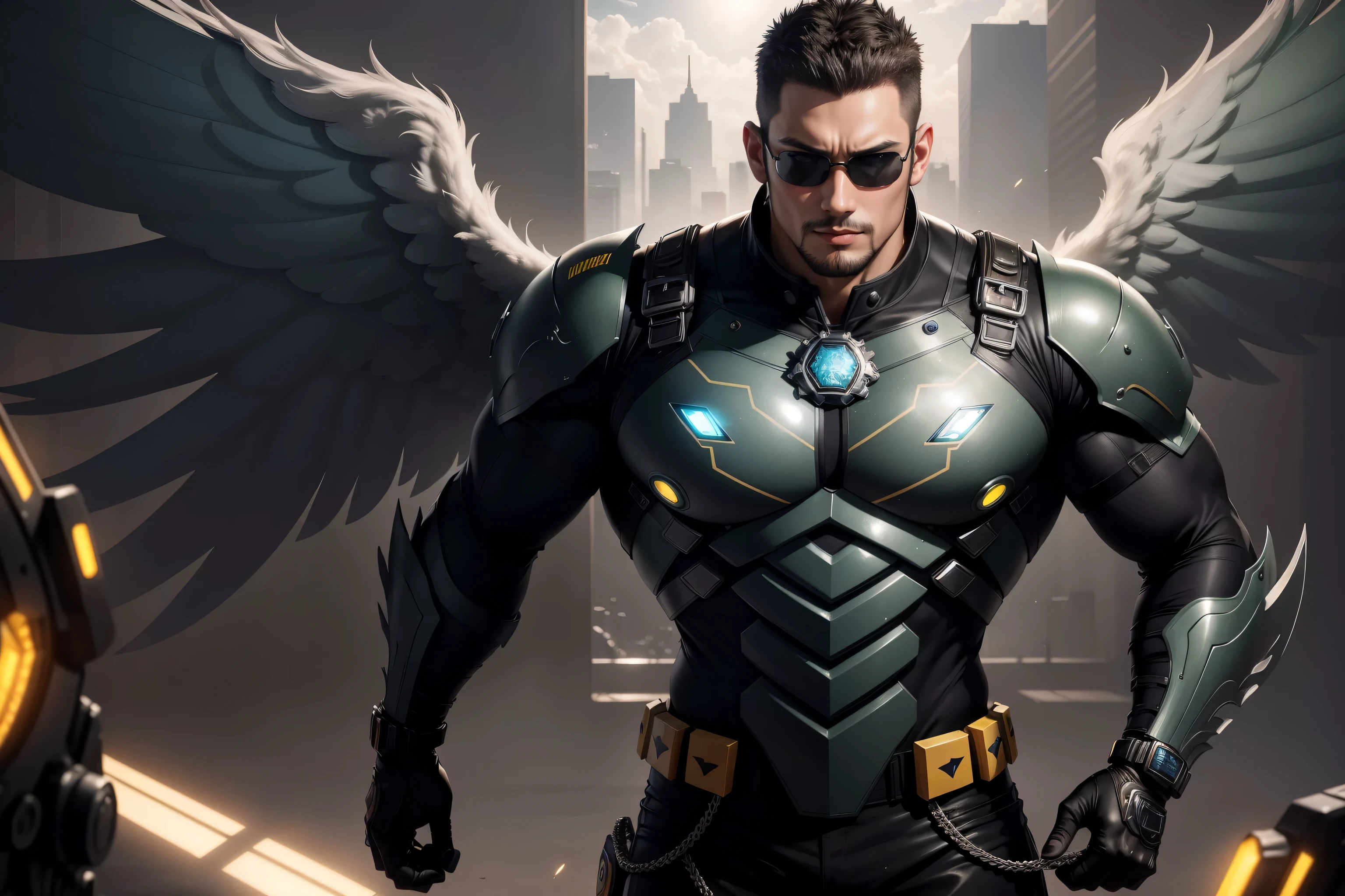Tall giant muscular police officer,mechanical sunglasses,Yellow-gray honeycomb network pattern nano mecha,Extra Archangel Aurora Mechanical Wings,Wear mechanical goggles,character concept(Resident Evil - chris redfield,chris redfield)senior police officer,Aurora Eye Mask,regular symmetrical texture pattern,sad expression,Deep and charming eyes,Emerald Eyes Hero,heroic male pose,高大burly,muscular!Charming leg muscles,High, burly, Heqiang, Super gain and cool, high resolution committee, Yellow gray ultra-thin nano mechanical boots for big feet,Charming strong man,The bright sunshine is shining on you,matte particles,shiny texture
