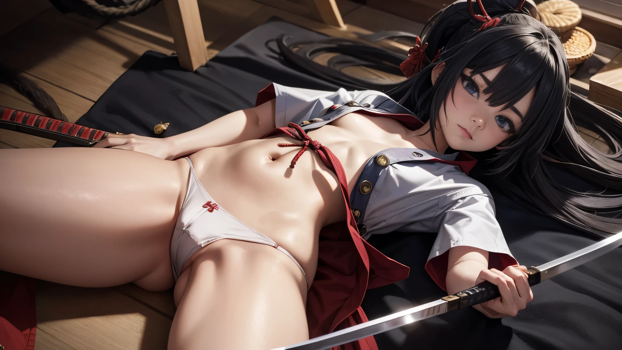 beautiful samurai girl, holding samurai sword, shirt with buttons open, tiny panties, in a samurai battle