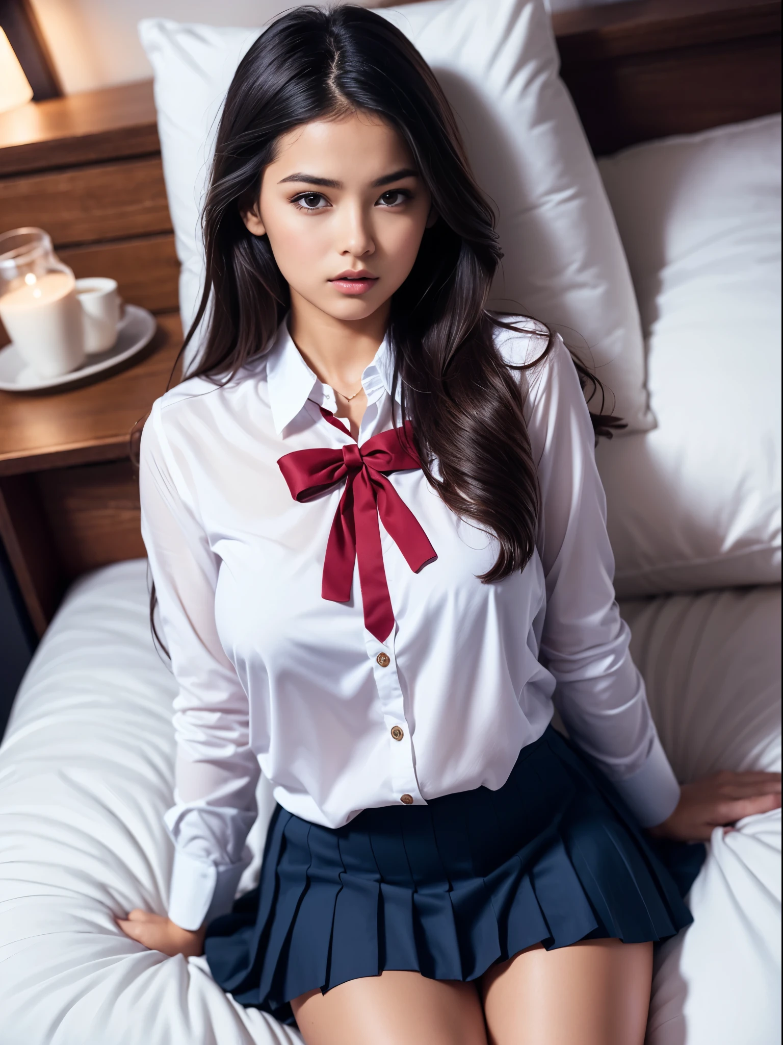 cute sexi girl, highly detailed, ((open legs)), ((very detailed face)), extremely detailed 8k unified CG wallpaper, highly detailed, raw color photos, professional photography, Realistic, (beautiful medium breasts, cleavage, beautiful nipples visible), (high school uniform with open chest:1.6), (Looking at viewer, embarrassed:1.6, embarrassed expression:1.45, sleepy eyes:1.2, shy, nervous), pleated up skirt, bedroom, From above lying on back, head on a pillow, cameltoe